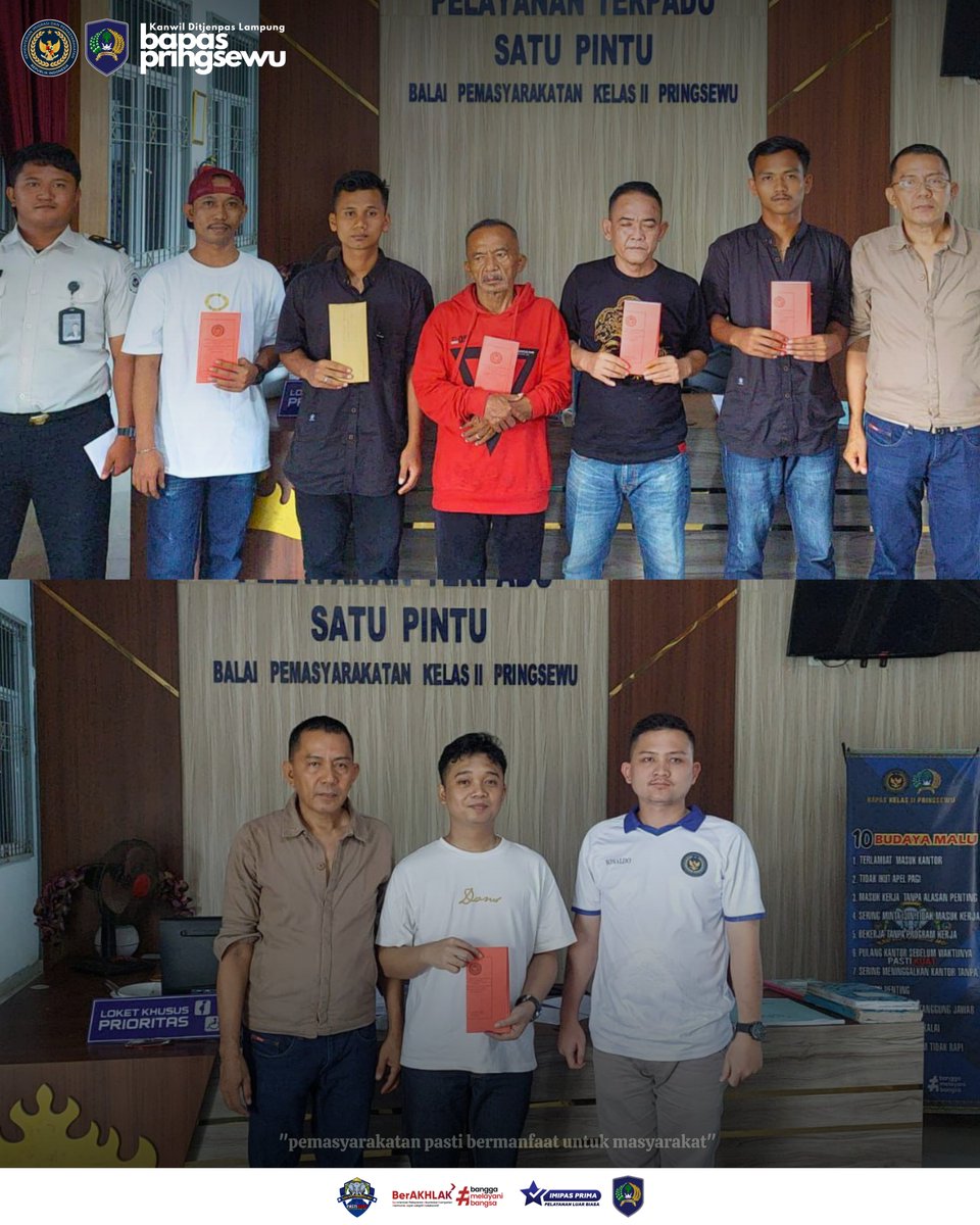 HumasBapasPsw's tweet photo. Balai Pemasyarakatan (Bapas) Pringsewu kembali menerima klien pemasyarakatan yang memperoleh hak integrasi melalui Program Pembebasan Bersyarat. https://t.co/KKdcQr4maz