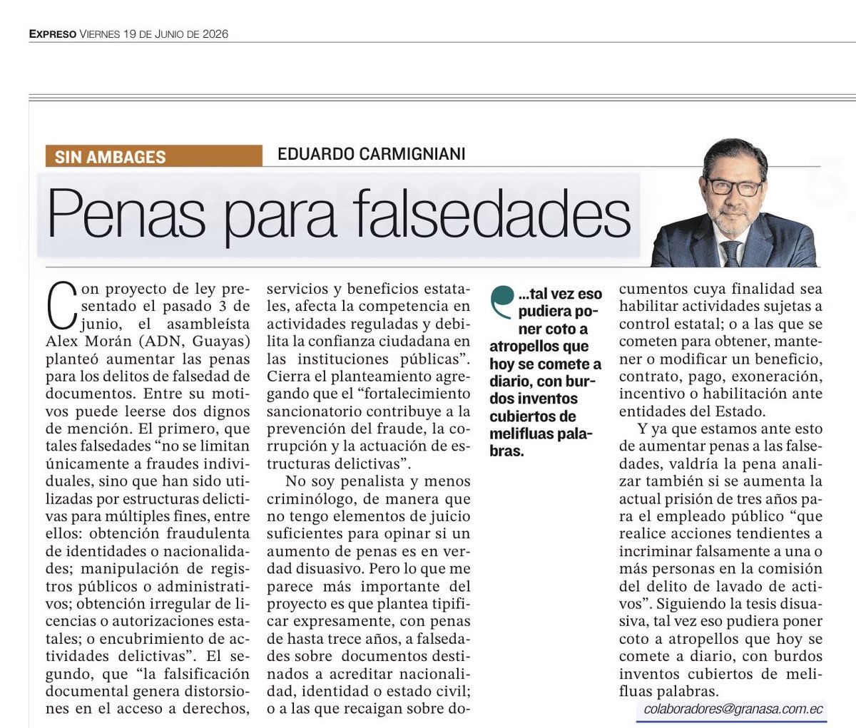 ecarmigniani's tweet photo. Asambleísta Morán (ADN) plantea aumentar penas por falsedades. Afirma que eso disuade delitos. Si es así, valdría incluir en el proyecto un aumento de las penas para los para empleados públicos que incriminan falsamente a personas por lavado de activos. https://t.co/Lk0Xeor3GB
