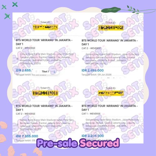 satsetix's tweet photo. [#satsetix_proof bts world tour - arirang]

— • cat 1 presale (1 tix)
— • cat 2 presale (3 tix)
— • cat 1 general sale (4 tix)

secured ✅ https://t.co/arT8qKtuIl