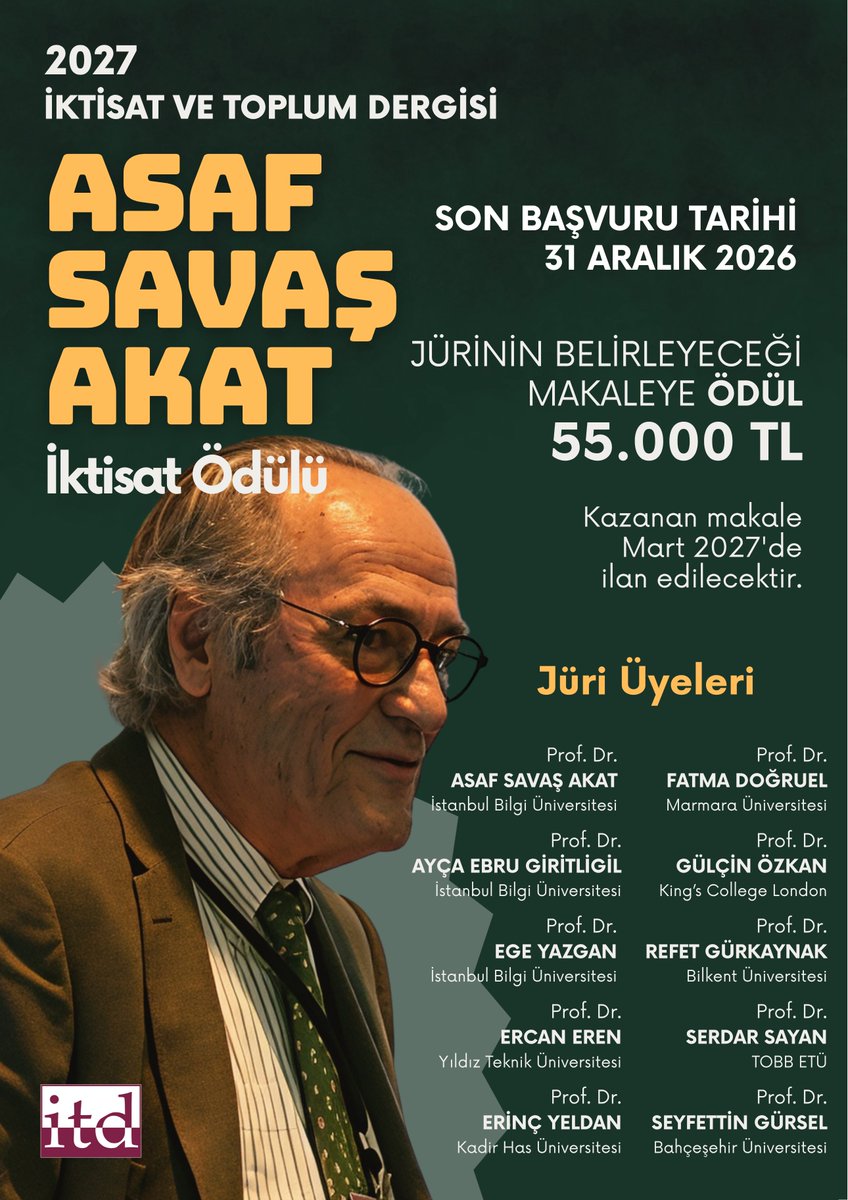 iktisatoplum's tweet photo. 📢 2027 İktisat ve Toplum Dergisi Asaf Savaş Akat İktisat Ödülü için başvurular başladı!

Yönetmelik ve başvuru formuna aşağıdaki linkten ulaşabilirsiniz:
https://t.co/M7gvOk58pa https://t.co/wUAbAJadYW