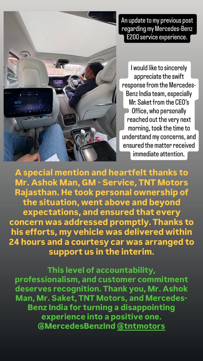 deveshsaboo7's tweet photo. Credit where it’s due. Thank you @MercedesBenzInd for the swift response and a special thanks to Mr. Saket from the CEO’s Office and Mr. Ashok Man, GM-Service, TNT Motors Rajasthan, for personally taking ownership of my concern, all issues were resolved professionally&amp; appreciatd https://t.co/4Fn07nNmih