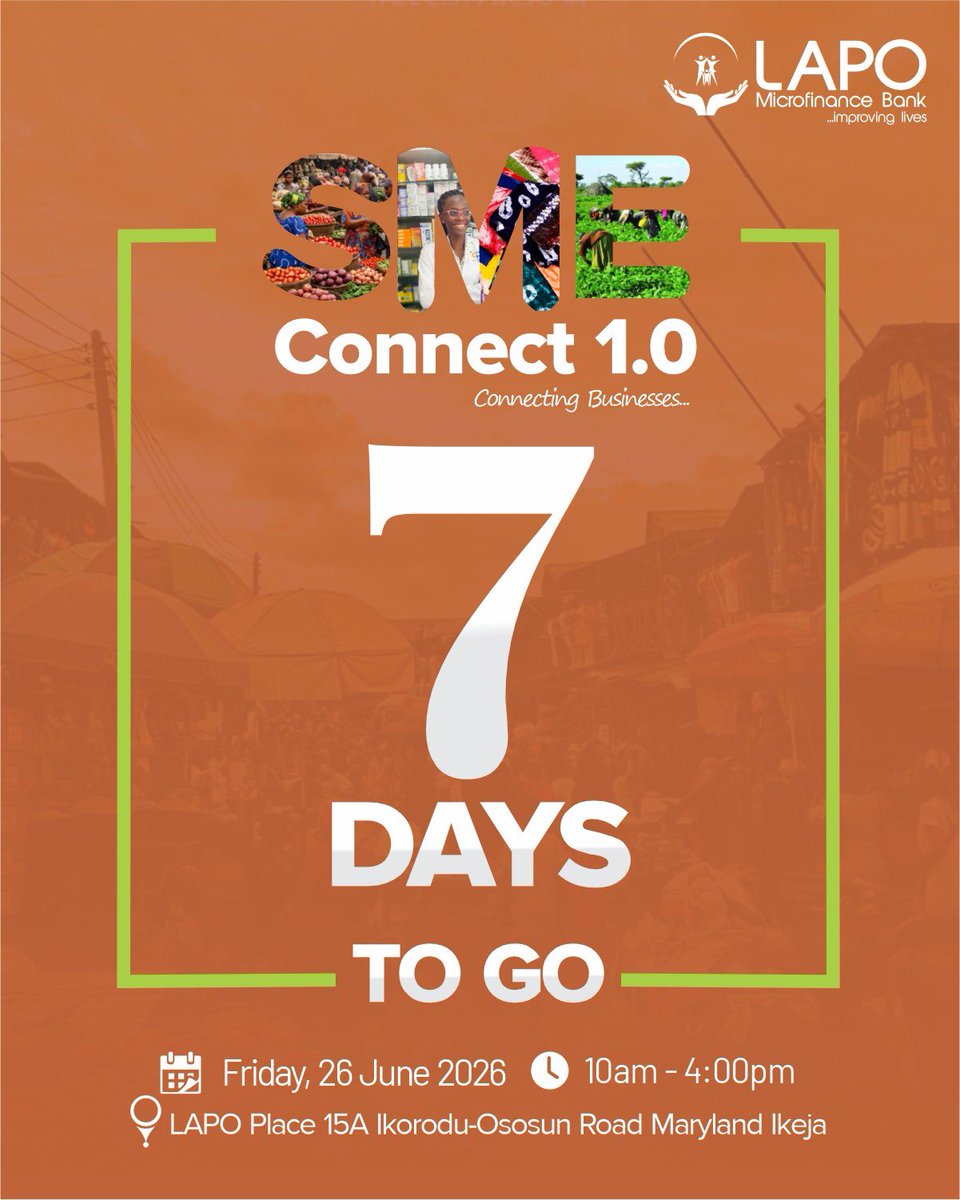 LAPO_MFB's tweet photo. One week to go. ๐๏ธ๐๏ธ
The SME Connect 1.0 Trade Fair is 7 days away; free entry, discounted prices, good food and drinks, and real Nigerian businesses to shop from.
๐
26 June | LAPO Place, Maryland, Ikeja
Whoโs coming with you? ๐
#SMEConnect #OneWeekToGo #TradeFair #LAPOMfB https://t.co/JVua7Ogt5P