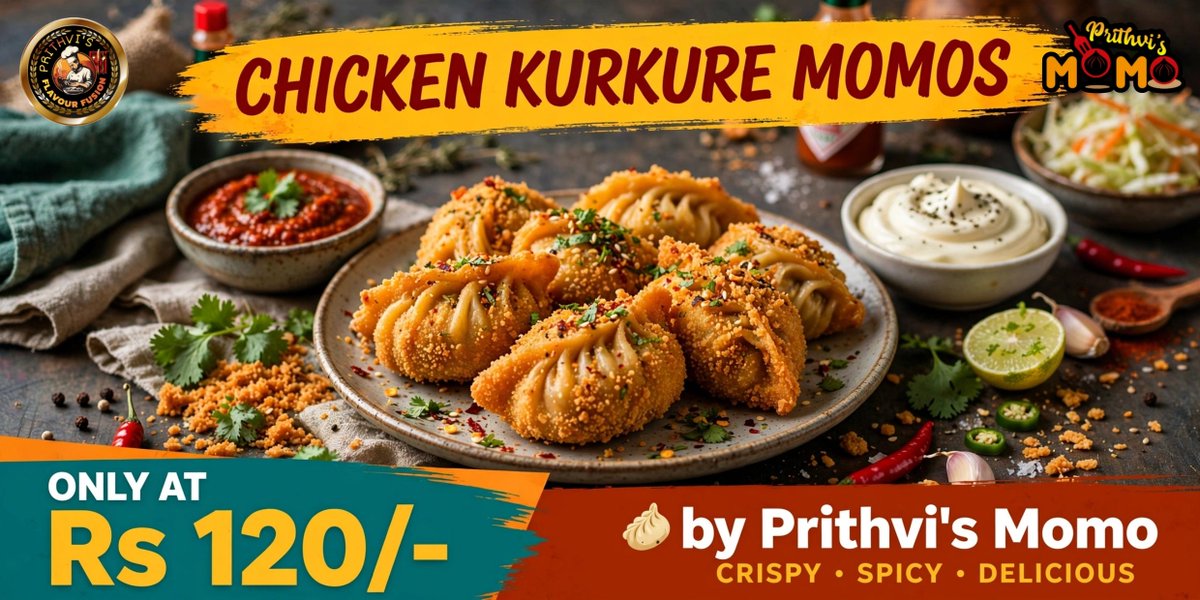 prithvisff's tweet photo. Meet the snack that’s breaking all the rules. Prithvi’s Momo brings you Chicken Kurkure Momos — juicy chicken filling wrapped in soft momo dough, then rolled in crunchy kurkure crumbs and fried to golden perfection. https://t.co/oELuKncQjr
