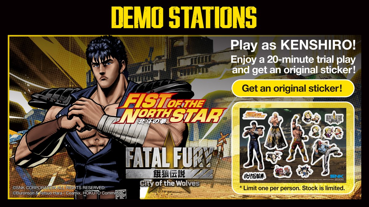 snk_esports_hub's tweet photo. #Evo2026 #SNK Booth
Get an early feel for Kenshiro from the Fist of the North Star anime in City of the Wolves. Special demo setups at the SNK booth!
Take the savior of century's end for a spin and receive an original sticker as a thank you gift!
#FatalFury #CotW #hokuto_anime https://t.co/3yVegTmsWh