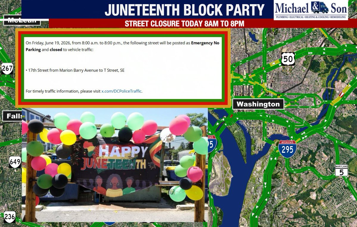DcFox5Traffic's tweet photo. Several events this weekend in DC and with that comes a lot of street closures, as always use @Metrorailinfo to save time and enjoy the festivities! @fox5dc #GoodDayDC https://t.co/gF51aChFgD
