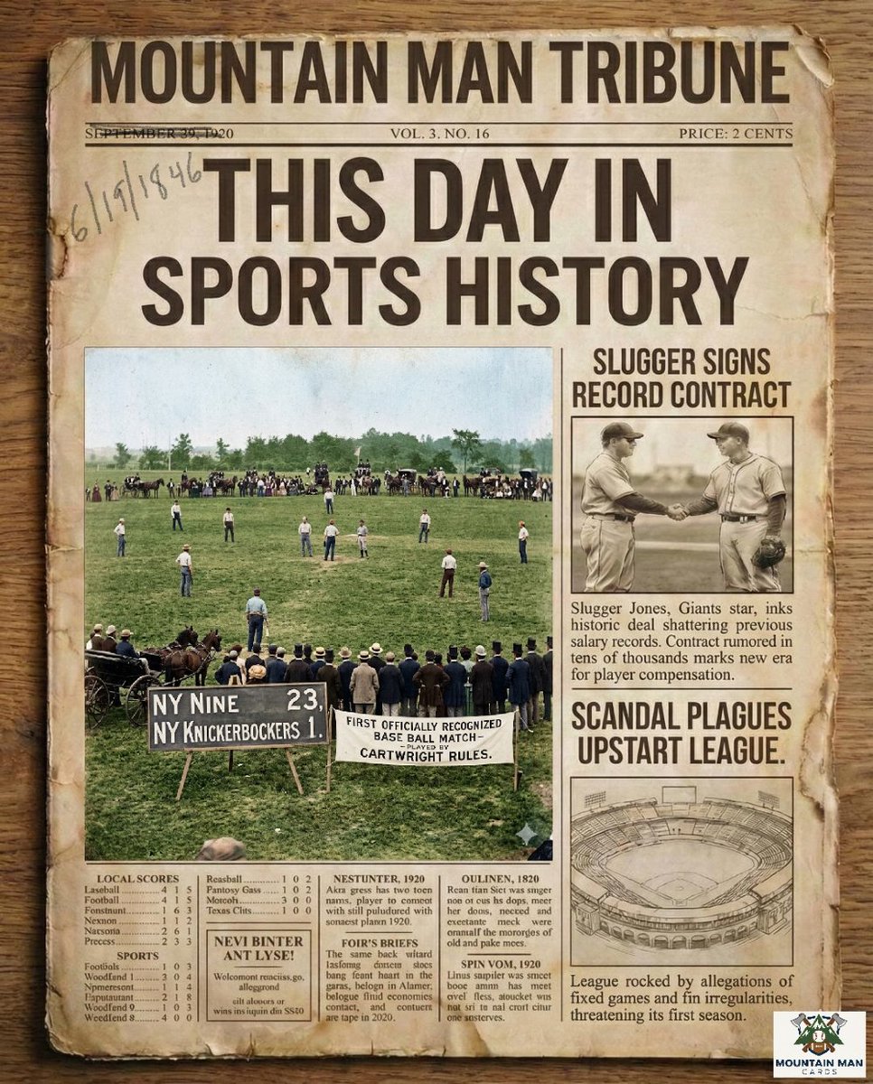 MtnManCardz's tweet photo. 1846: First officially recognized baseball game under the Cartwright Rules is played in Hoboken, where the New York Nine overwhelm the Knickerbockers 23–1 and launch a new era.

https://t.co/AMdLSYkbQk

If you were there share  
If you weren’t ask

@MtnManCardz on eBay &amp; WhatNot https://t.co/okNdIT303i