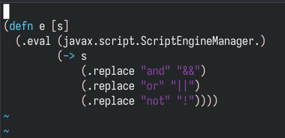 superus3rdone's tweet photo. @MrPeterLMorris Or if you want to make use of the fact you are in a JVM. Supports the full syntax of the above version.

If you want to change the rules to use &amp;&amp;, || and !,  you can remove the .replace lines. https://t.co/61xbyObQBJ