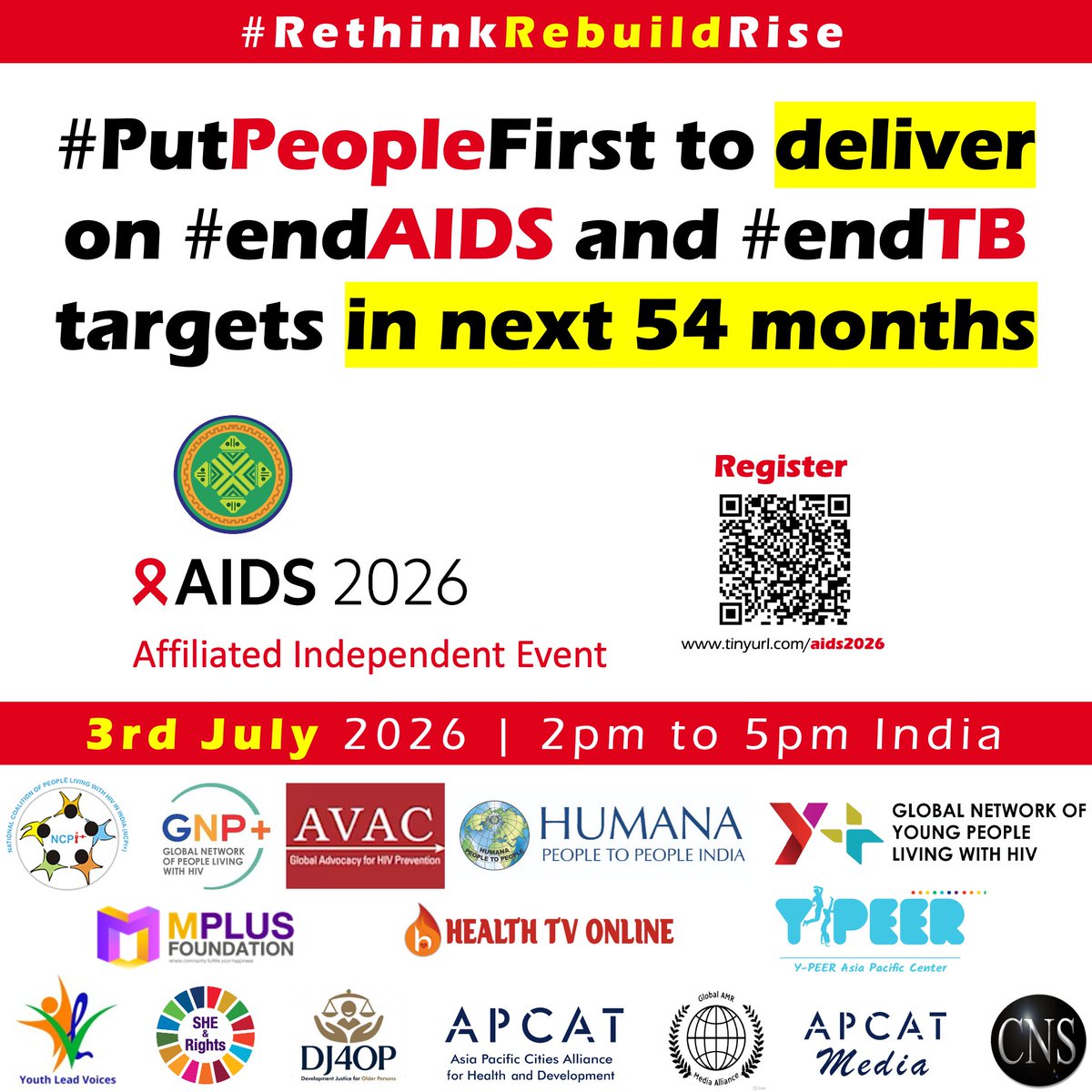 bobbyramakant's tweet photo. ✅ @IASociety has approved #AIDS2026 Affiliated Independent Event on the theme 👉 #RethinkRebuildRise ★ #PutPeopleFirst to deliver on #endAIDS and #endTB targets in next 54 months👈

👉Date: 3rd July

👉Time: 10:30am South Africa | 2pm IST
 
👉Register: https://t.co/GudndpNUeb https://t.co/hNFTZ9BRjW