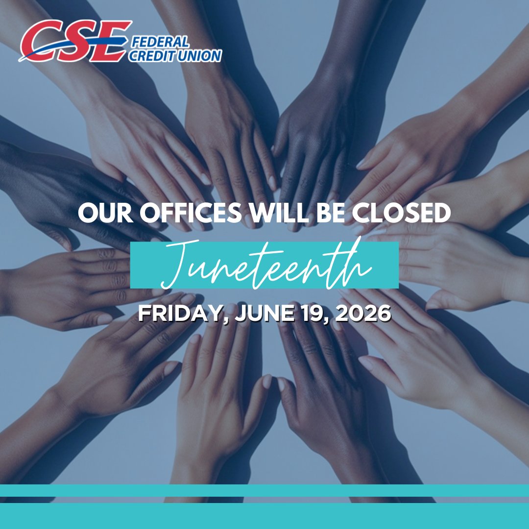 CSEFCU's tweet photo. In observance of Juneteenth, all CSE locations are closed today as we honor this important day of freedom, reflection, and progress. Don’t forget that digital banking is always open, for your convenience.

We will reopen tomorrow with regular business hours. https://t.co/BJmxJt32oo