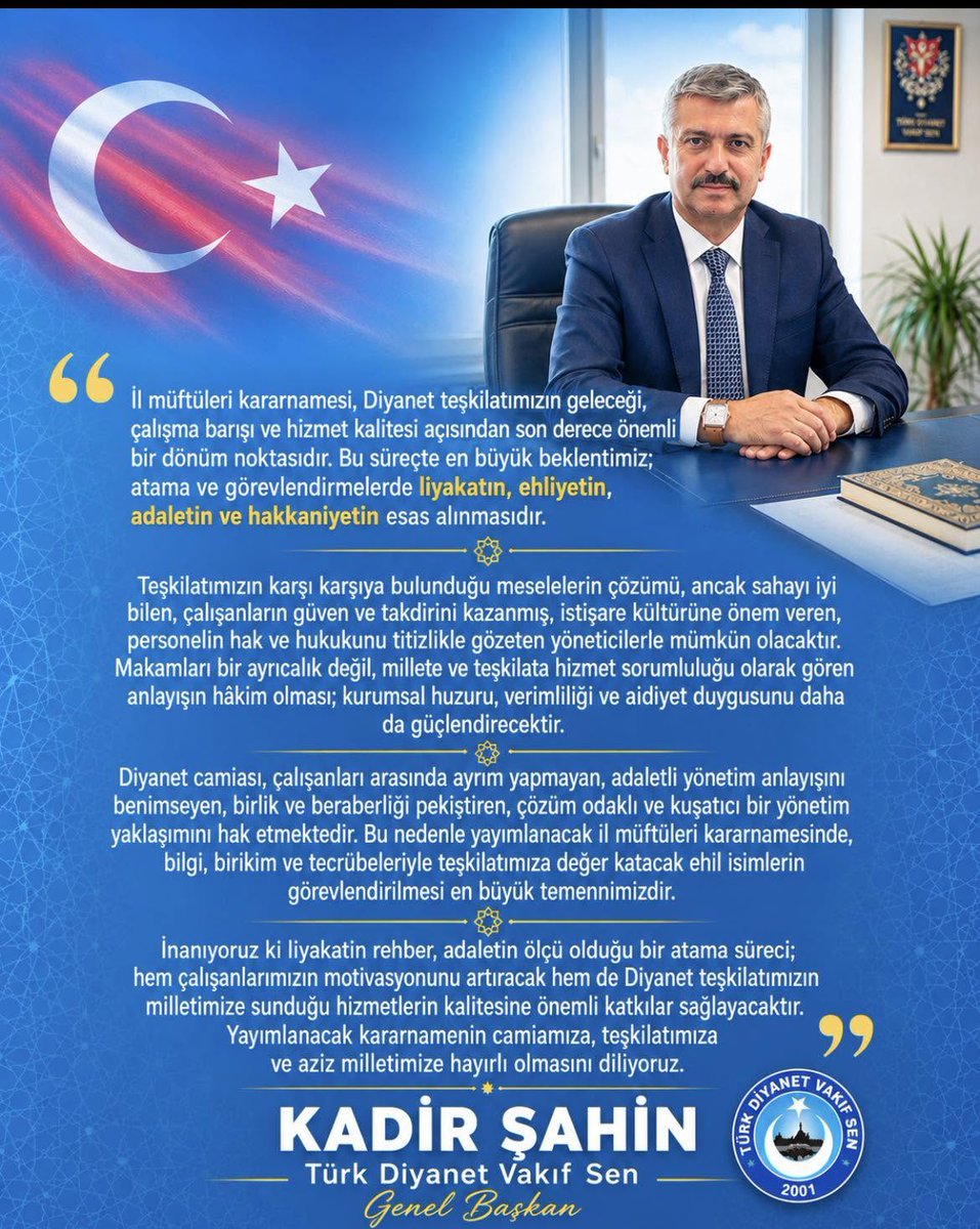 tdvsgm2001's tweet photo. Kararnamede Beklentimiz; Adaletle Güçlenen Bir Teşkilat

İl müftüleri kararnamesi, Diyanet teşkilatımızın geleceği, çalışma barışı ve hizmet kalitesi açısından son derece önemli bir dönüm noktasıdır. Bu süreçte en büyük beklentimiz; atama ve görevlendirmelerde liyakatin, ehliyetin, adaletin ve hakkaniyetin esas alınmasıdır.

Teşkilatımızın karşı karşıya bulunduğu meselelerin çözümü, ancak sahayı iyi bilen, çalışanların güven ve takdirini kazanmış, istişare kültürüne önem veren, personelin hak ve hukukunu titizlikle gözeten yöneticilerle mümkün olacaktır. Makamları bir ayrıcalık değil, millete ve teşkilata hizmet sorumluluğu olarak gören anlayışın hâkim olması; kurumsal huzuru, verimliliği ve aidiyet duygusunu daha da güçlendirecektir.

Diyanet camiası, çalışanları arasında ayrım yapmayan, adaletli yönetim anlayışını benimseyen, birlik ve beraberliği pekiştiren, çözüm odaklı ve kuşatıcı bir yönetim yaklaşımını hak etmektedir. Bu nedenle yayımlanacak il müftüleri kararnamesinde, bilgi, birikim ve tecrübeleriyle teşkilatımıza değer katacak ehil isimlerin görevlendirilmesi en büyük temennimizdir.

İnanıyoruz ki liyakatin rehber, adaletin ölçü olduğu bir atama süreci; hem çalışanlarımızın motivasyonunu artıracak hem de Diyanet teşkilatımızın milletimize sunduğu hizmetlerin kalitesine önemli katkılar sağlayacaktır. Yayımlanacak kararnamenin camiamıza, teşkilatımıza ve aziz milletimize hayırlı olmasını diliyoruz.