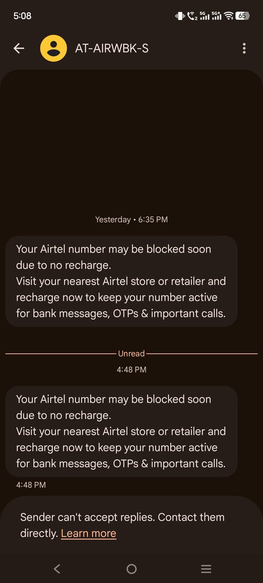 Shadishudaa's tweet photo. @Airtel_Presence @airtelindia @Airtel_Presence 
Received the same message again despite complaining yesterday and having a valid recharge. https://t.co/vJBPp6BXbR