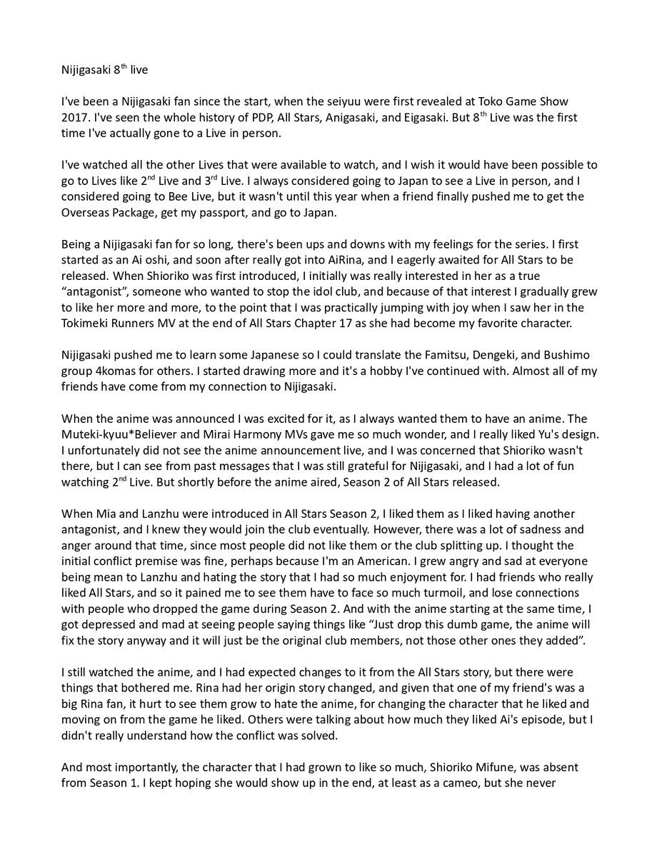 Swylft's tweet photo. These are my personal thoughts about my feelings towards Nijigasaki over the years and about 8th Live. You don't have to read this if you don't want to, but I wanted to get my feelings out.
Here is a link to a text copy that is easier to translate
https://t.co/0OBvrzhbRb https://t.co/ygMln9m2lQ