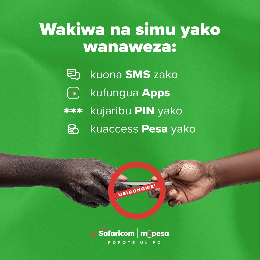 SafaricomPLC's tweet photo. Usipe mtu usiyemjua simu yako hata kama wanasema uwasaidie wa-make call. ​
Fraudsters use small excuses to get access to your phone.​
Kaa na simu yako/ Usipatiane simu yako. Kaa chonjo. #Jiulize​
Report suspicious activity via SMS 333 or  My OneApp. https://t.co/QsVButz5ZG