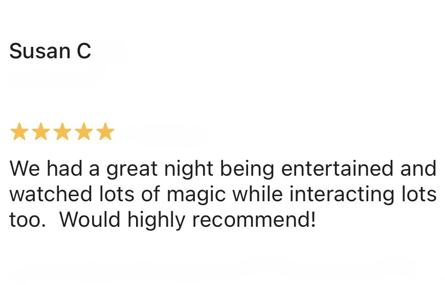 RobBone's tweet photo. Thanks to Susan for leaving a lovely 5 star review!
#RobertBone #CloseUpMagician #Magician #mindreader #CloseUpMagic #SleightOfHand #MagicMoment #MindBlown #LiveEntertainment #EventMagician #TableMagic #TableMagician #MagicianReview #MagicianTestimonial #5StarMagician https://t.co/wkbMZGhXNR