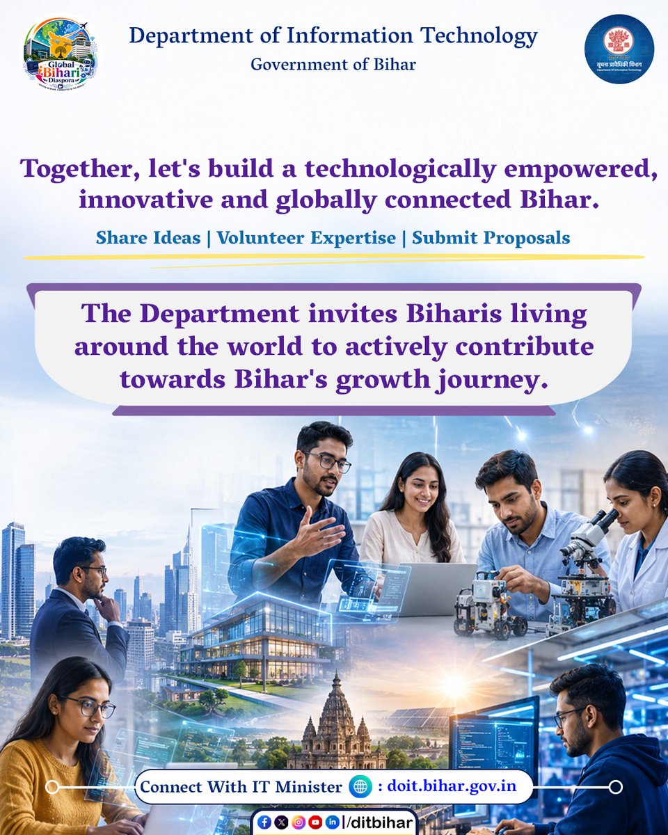 DitBihar's tweet photo. The Department invites Biharis across the world to share ideas, contribute expertise, and help shape a technologically empowered, and globally connected Bihar.
@mishranitish
#GlobalBihariDiaspora #DigitalBihar #BiharInnovation #TechForBihar #BiharDevelopment #ITDepartmentBihar #ViksitBihar #BiharGrowth #BiharTech #InnovationEcosystem #FutureReadyBihar #BiharTransformation #BiharGovernment #ConnectWithBihar #GlobalBiharis