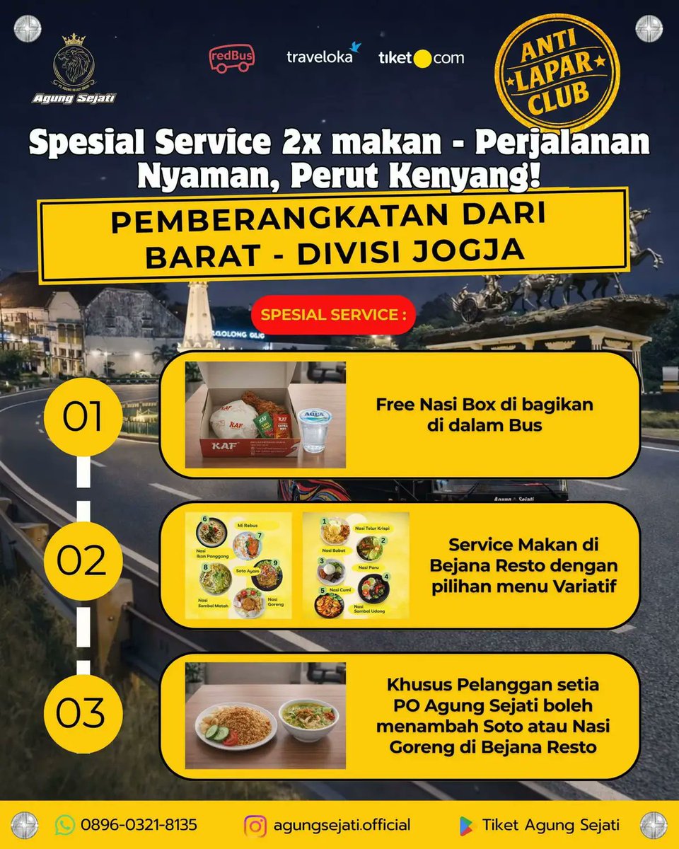 calomagang's tweet photo. Bis jakarta - jogja yg dapat 2x makan, bisa nambah jadi 3 sih jika lambungnya bisa melar

*Hanya pemberangkatan dari jabodetabekkar
*Jam makanya dah tengah malem

🚌 : Agung Sejati
💵 : 250.000
💺 : 2-2 recleaning seat, toilet, AC
📸 : mahendra jati https://t.co/xj4G246wXC