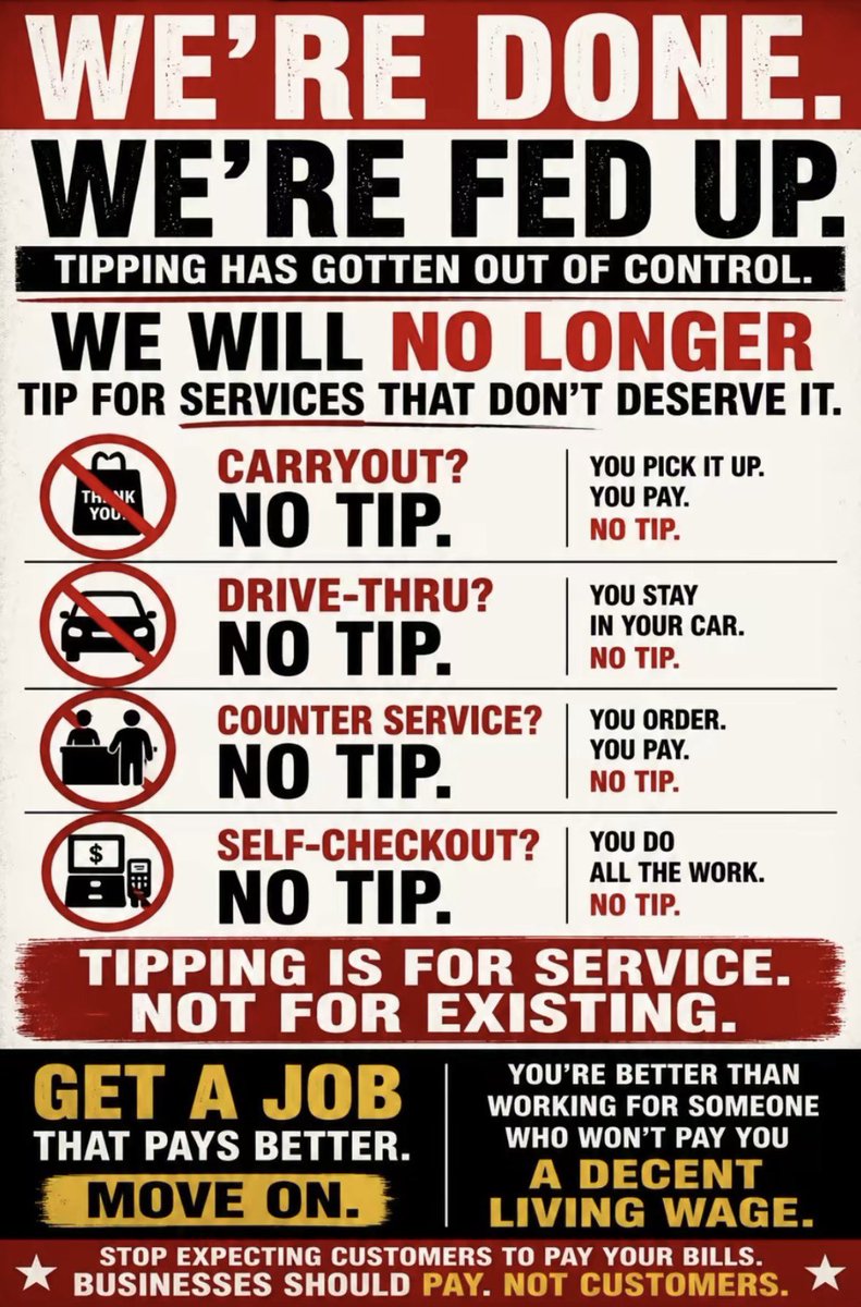FreedomNow26's tweet photo. Somebody didn’t put a gun to your head and force you to get a low paying job either. These rage baiting memes on here make me laugh. There’s plenty of better jobs out there you can go get, a lot of people just choose to take these and then get mad, they don’t get paid good enough. Again not my problem. When I go to a restaurant, I tip accordingly to the surface of how well I’ve been treated, how well the food is prepared & the establishment of the restaurant.