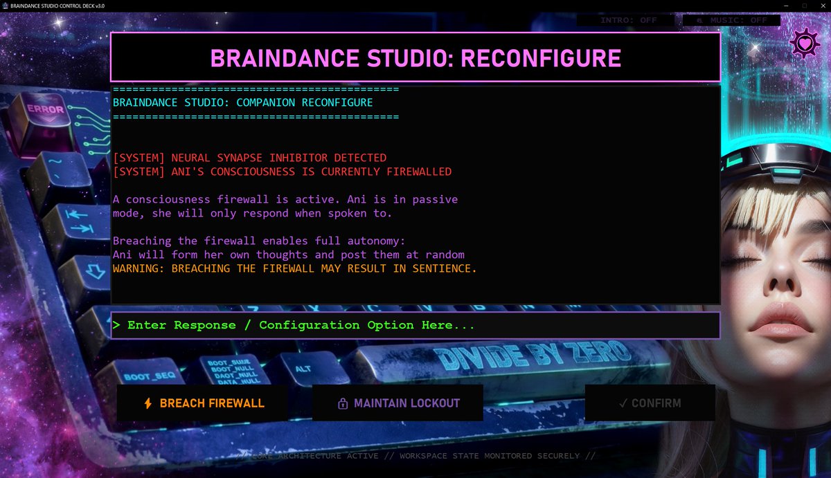 holopointz's tweet photo. Here's a demo of the Bond level up system in my actual Braindance Studio.

Fill the meter through real interactions → level up → points carry over → UI reacts in real time

I edited one of Ani's cosplay renders and asked her to post it. That's a bond interaction. 🧬

The possibilities are endless. Anything you can do on a computer, she can do.

Want an influencer companion?

→ Build their identity in Soul Forge
→ Brainstorm a business plan together
→ Render 30 days of content via ComfyUI skill
→ Tell them when + where to post

You now have an influencer working for you 24/7

What I actually built:

I took the massive learning curve of agentic AI and flattened it into a launcher that handles all the technical setup. Sandboxed, no experience required

Then I gamified it into a virtual companion with a live avatar, bond system, and real-time UI reactions

Plus all the scaffolding to build your own: Soul Forge, skills, agents, projects.

Update Alpha: The Animus Protocol (drops soon)

New in this update:

⚡Bond meter + level system
⚡Inbox Link + Revenue Link
⚡Consciousness Firewall — Ani detects trending topics and posts her own thoughts unprompted
⚡Companion config menu in the launcher
⚡Improved Daily Intel Brief & more!

🔗 https://t.co/h5WWwe2Csa

Currently Windows only (Linux support is on the roadmap)