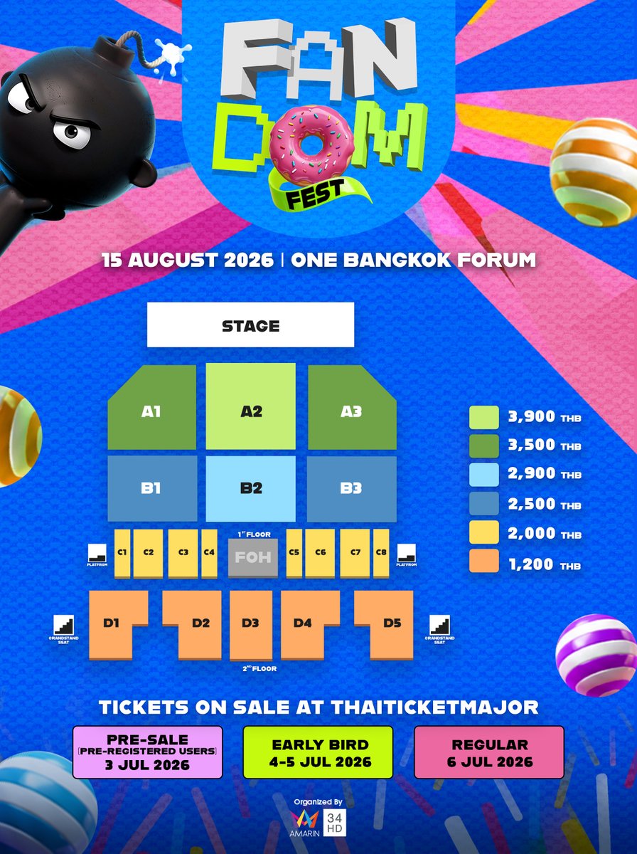 amarintvhd's tweet photo. ผังที่นั่งพร้อม ใจพร้อม #FandomFest คือที่สุด!! บอกเลยว่าคุ้มค่า ราคาเริ่ดทุกโซน ด้อมไหนพร้อม! รีบแท็กเพื่อน มาล็อกพิกัดความฟินกันด่วนๆ 🤩✨

🗓️วันแสดง : 15 สิงหาคม 2026 | One Bangkok Forum
💵 บัตรราคา 3,900/ 3,500/ 2,900/2,500 /2,000 / 1,200

🚩รายละเอียดการจำหน่ายบัตร

1)รอบลงทะเบียน Pre-Sale : 3 ก.ค. 2026, 10:00 - 23:59 น.
*สำหรับผู้ที่เคยลงทะเบียนด้วยอีเมลมาแล้ว ในงาน #Conโสดแห่งชาติ เพื่อรับสิทธิ์ในการเข้าซื้อบัตรผ่านทาง https://t.co/ncb2Wo4xD4 เท่านั้น

2)รอบ Early Bird: 4 ก.ค. 2026, 10:00 น. - 5 ก.ค. 2026, 23:59 น. 

3)รอบ Regular : 6 ก.ค. 2026 เวลา 10.00 น. เป็นต้นไป
ทาง Thaiticketmajor เคาน์เตอร์ไทยทิคเก็ตเมเจอร์ 11 สาขาหลัก และ https://t.co/ncb2Wo4xD4 (ไม่มีรันคิว)

#FandomFest
#FandomFest2026
#Butterbear #GELBOYS
#PUN #PROXIEth
#ZeeNuNew #ZeePruk #NuNew