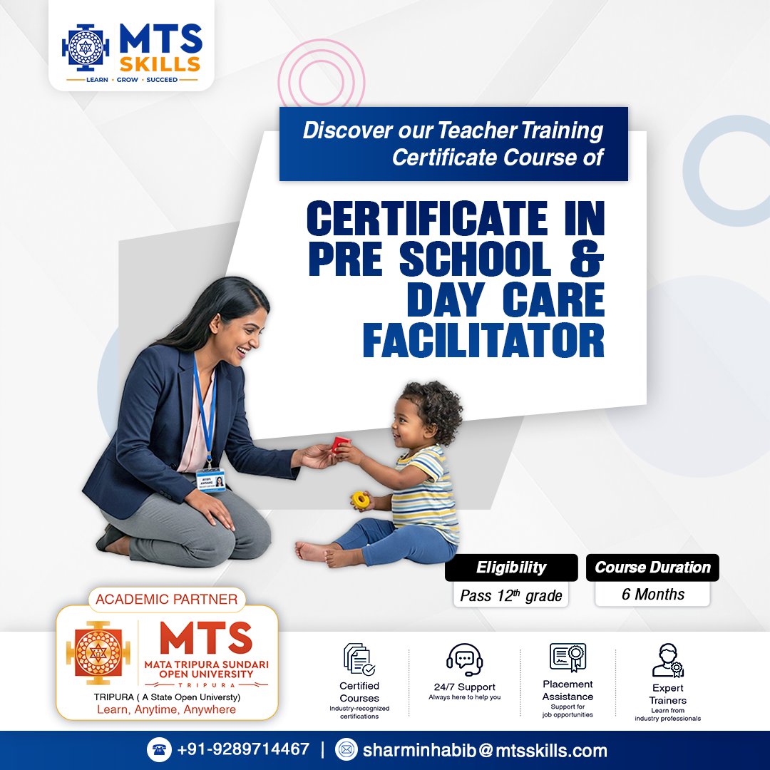 mtsskills's tweet photo. 🎓 Start your journey in Early Childhood Education with the Certificate in Pre-School &amp; Day Care Facilitator course!
📅 Duration: 6 Months
🎯 Eligibility: 12th Pass
.
.
#TeacherTraining #PreschoolTeacher #Education #TeachingCareer #TeacherCourse #MTSSkills https://t.co/RGvK5lMXge