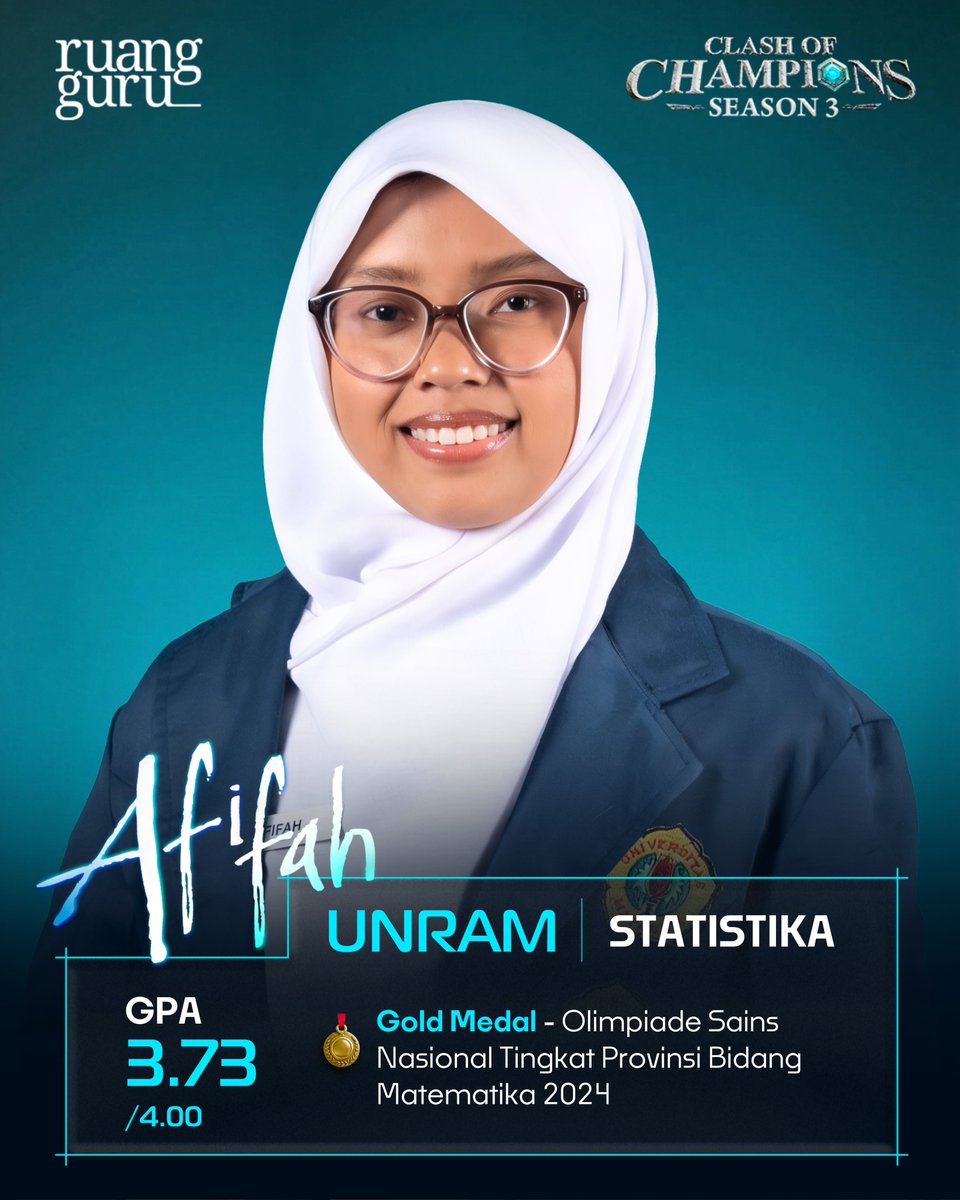 ruangguru's tweet photo. ✨ Afifah (IG: afiiefff) / UNRAM / Statistika

- Gold Medal - Olimpiade Sains Nasional Tingkat Provinsi Bidang Matematika 2024 https://t.co/nPdwMAL9gp