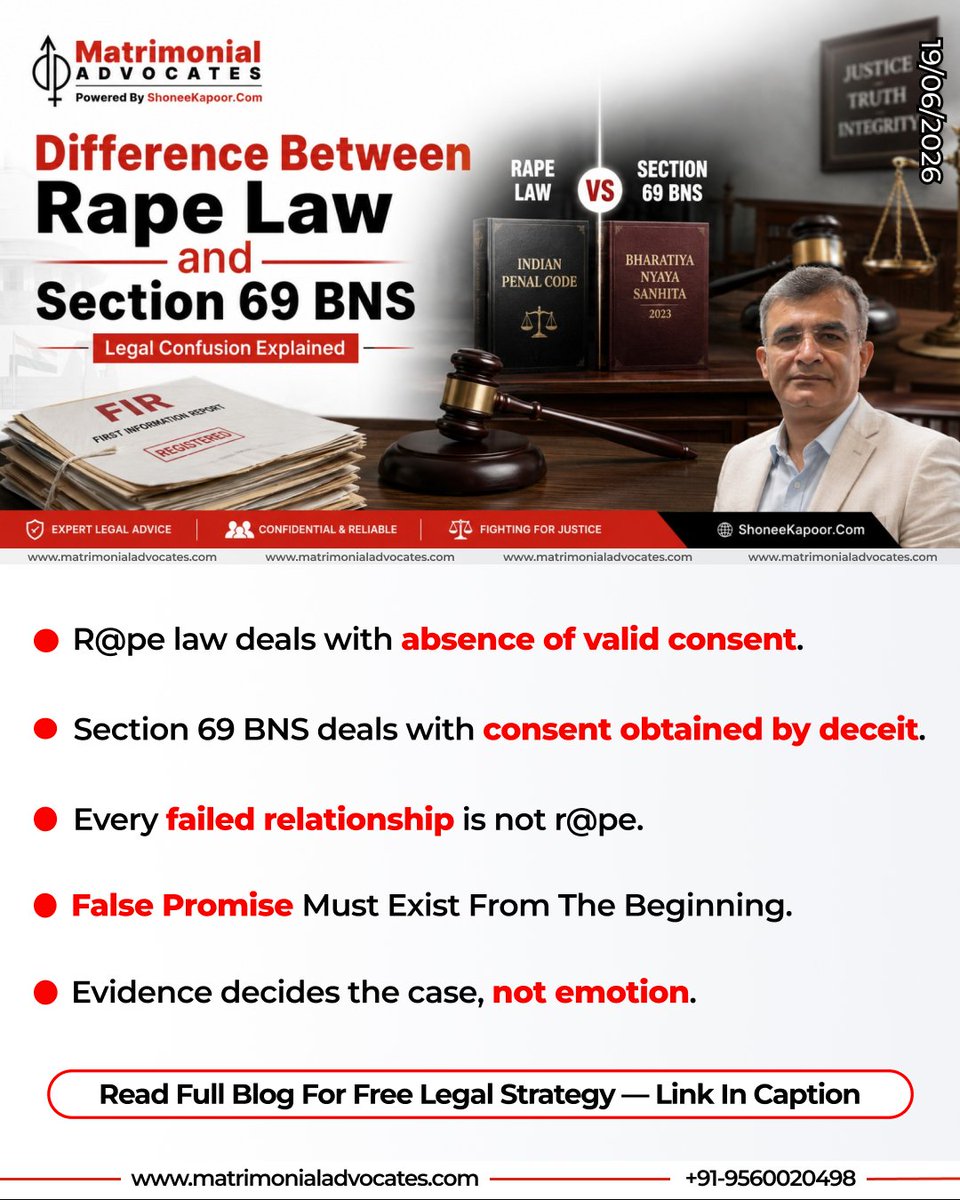 Matrimony_Advo's tweet photo. R@pe law and Section 69 BNS are different.
Breakup, failed relationship or refusal to marry does not automatically become a criminal case.
Courts examine consent, intention, timeline and evidence.
Read: https://t.co/EaWvcPdSgu
#Section69BNS #BNSLaw #MenToo #DatingLaw #Rape https://t.co/1tRkF0sYOF