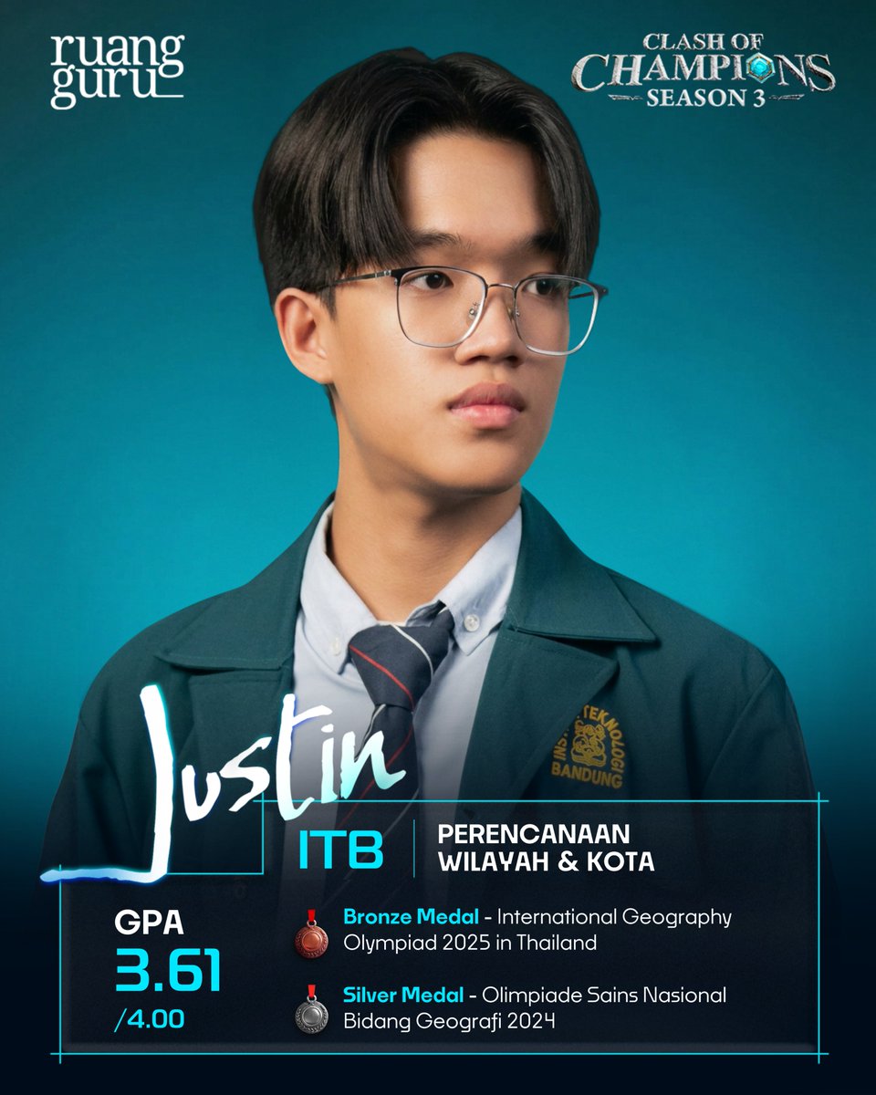 ruangguru's tweet photo. ✨ Justin (IG: justin_christiannn) / ITB / Perencanaan Wilayah dan Kota

- Bronze Medal - International Geography Olympiad 2025 in Thailand
- Silver Medal - Olimpiade Sains Nasional Bidang Geografi 2024 https://t.co/rFQV9wv3dm
