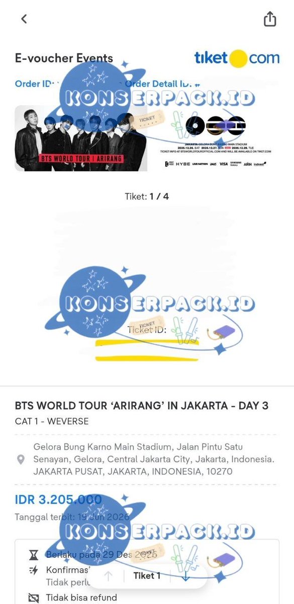 konserpack_id's tweet photo. PROOF JASTIP BTS WORLD TOUR 'ARIRANG' IN JAKARTA ADDSHOW (PRESALE WEVERSE)

SECURED 16 TIX

Platinum Tribun = 4 tix
Platinum Floor = 4 tix
Cat 1 = 4 tix 
Cat 3 = 4 tix 

thank youuu buat temen-temen yang udah jastip di kita 🫶🏻✨ https://t.co/nbcCSBHeMT