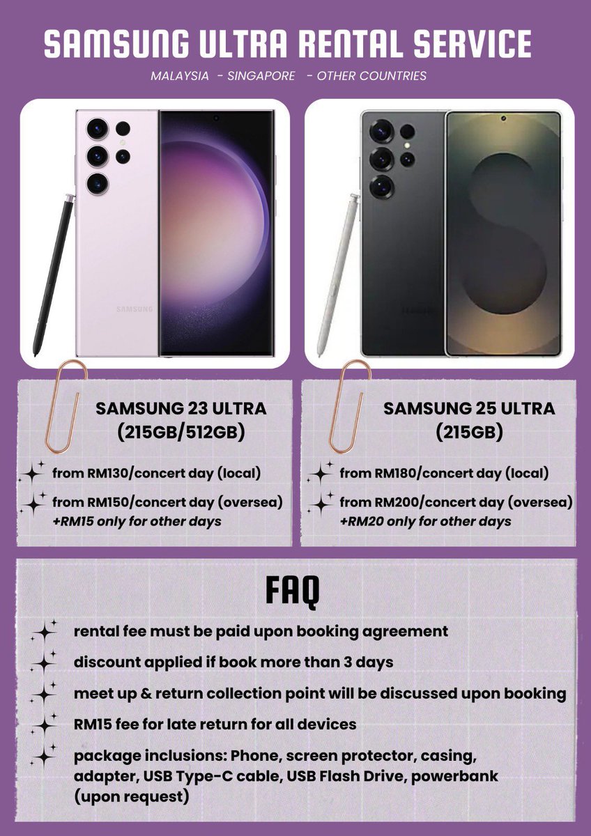 lilacshops's tweet photo. wtr phone rental sewa samsung 23 25 ultra

✅✅S23U 
✅S25U

RM130-180/day
— Pickup at MRT SG Besi!

💌 DM to book!
🔗 https://t.co/fKioxlHPn8

#JANNABI #잔나비
#JANNABI1stAsiaTourKL
#JANNABI_SweatandStardust_KL
#JANNABIinMY https://t.co/ZWJfzQEGoX