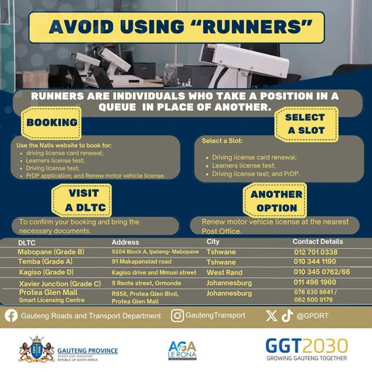GPDRT_'s tweet photo. #GautengAtWork 

📢📢📢Avoid using runners at DLTCs📢📢📢

Protect your time and save your money, always use official channels when visiting Driving License Testing Centers (DLTCs). Say NO to shortcuts and YES to safety, transparency, and service integrity. 📢📢📢

#TacklingG13 #GrowingGautengTogether