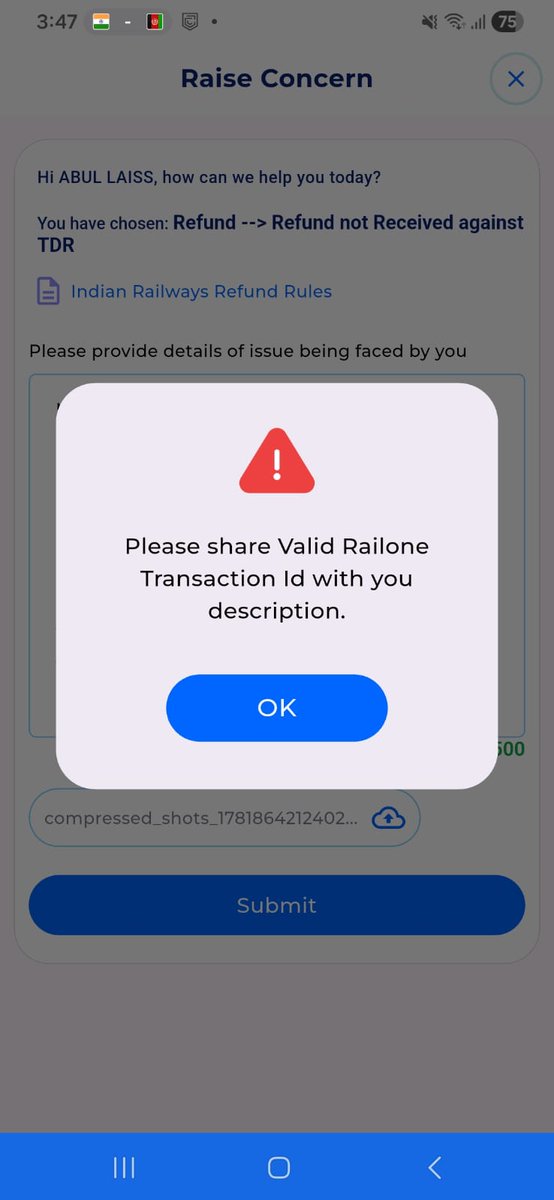 alaiss's tweet photo. @RailOneIndia  can you pls mention your official email ID for TDR refund. Unable to contact you either mobile app or web. My fault is that i had used R Wallet and now money got blocked. @indianrail @eCateringIRCTC @AshwiniVaishnaw https://t.co/VZrMRFB4Sf