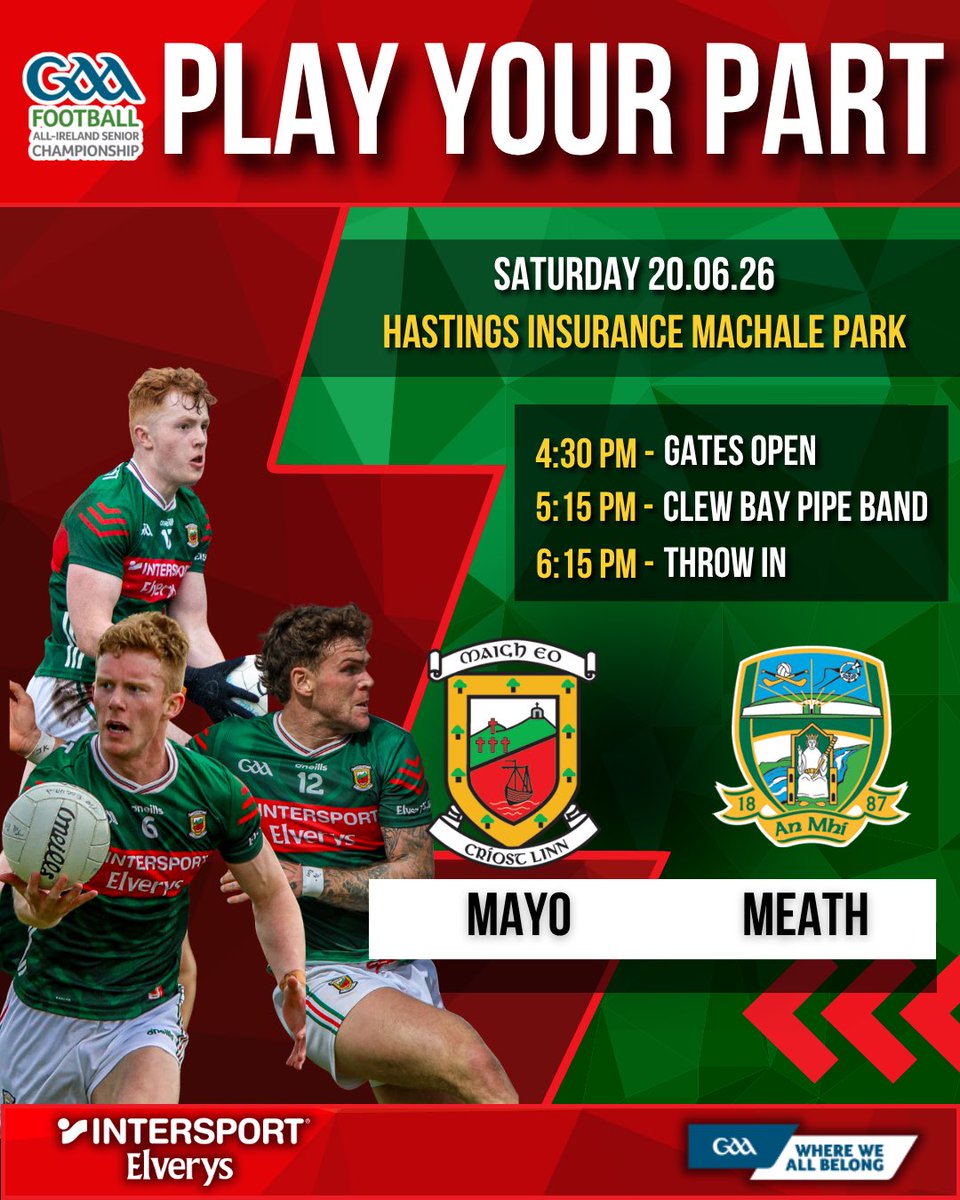 MayoGAA's tweet photo. 🏐 𝗣𝗹𝗮𝘆 𝗬𝗼𝘂𝗿 𝗣𝗮𝗿𝘁 - Tomorrow evening is set to be a special one! 🔴🟢

We're delighted to welcome the Clew Bay Pipe Band to @HastMacHalePark to entertain supporters. Make sure you get there early, bring the flags, bring the noise, and get behind the team 💪👏

🏟 4.30pm - Gates Open
🪕5.15pm - Clew Bay Pipe Band
🏐6.15pm - Throw in

#mayogaa #gaa