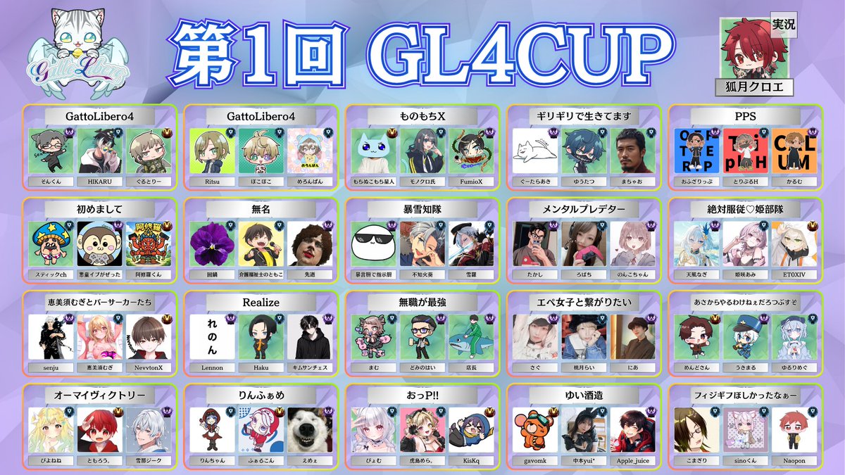 gattolibero_4's tweet photo. 🗓️6月20日(土)
⏰21時〜本配信開始
⚔️21時30分〜試合開始
GL4CUP第1回 APEX
【本配信】
↳ https://t.co/Wk0rurw5Mq
出場選手はこちらです👇
#GL4CUP https://t.co/UVw3dUhNZf
