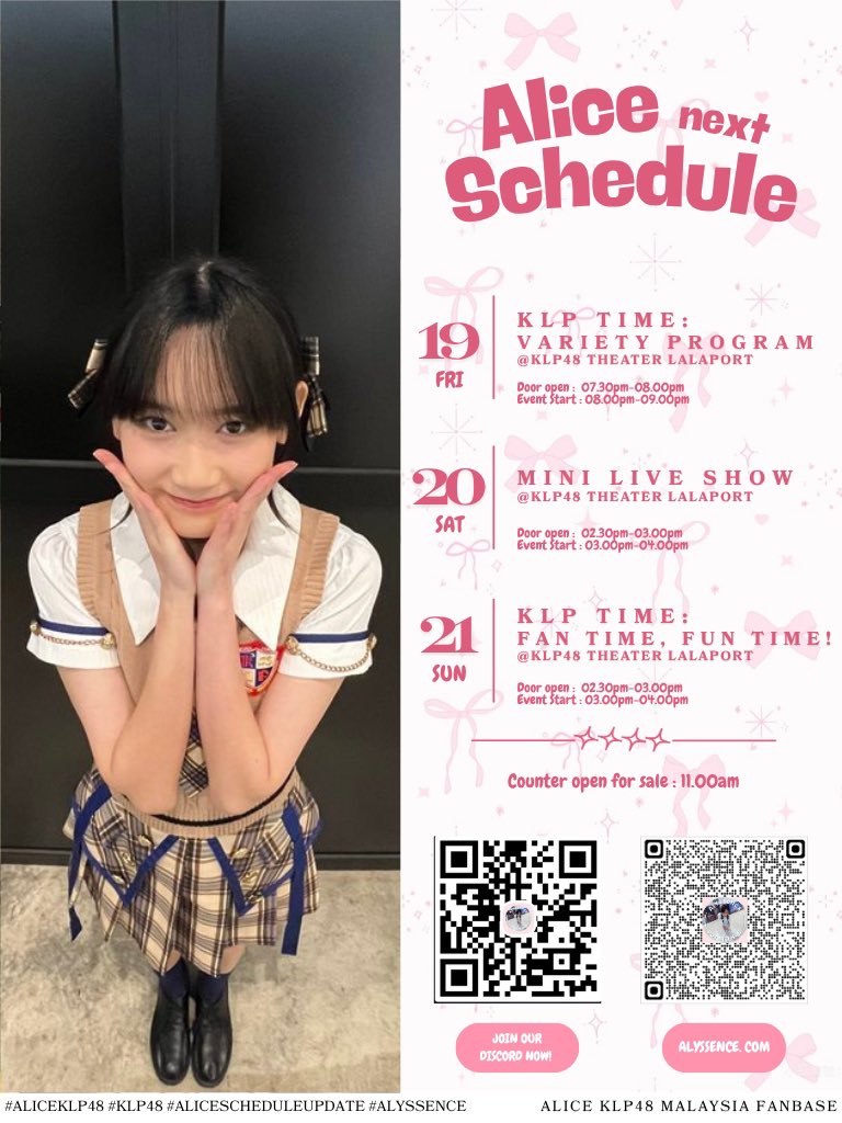 alicepotatoes's tweet photo. 𝐀𝐋𝐈𝐂𝐄 𝐒𝐂𝐇𝐄𝐃𝐔𝐋𝐄 𝐔𝐏𝐃𝐀𝐓𝐄!!!

19/06/26: KLP Time: Variety Program @ KLP48 Theatre 
 
20/06/26: Mini Live Show @ KLP48 Theatre

21/06/26: KLP Time: Fan Time, Fun Time! @ KLP48 Theatre

#AliceKLP48 #KLP48 #AliceScheduleUpdate #Alyssence https://t.co/JeG2kvsLU4