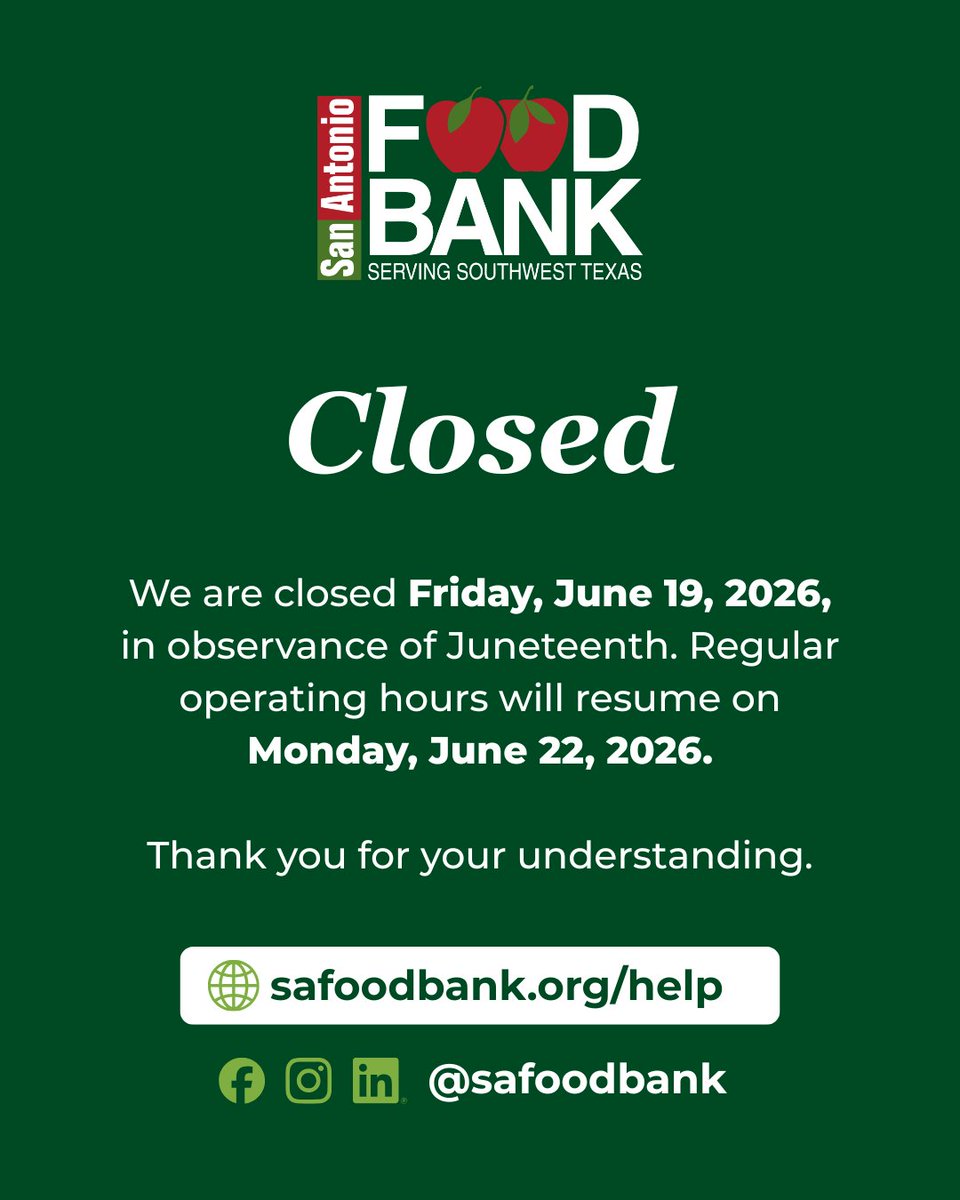 safoodbank's tweet photo. The San Antonio Food Bank will be closed today, Friday, June 19, 2026, in observance of Juneteenth. As we recognize this important day of reflection, celebration, and community, we encourage neighbors who may need assistance to please visit our website https://t.co/ofqbDBKvOL. https://t.co/H9gntiIkPB