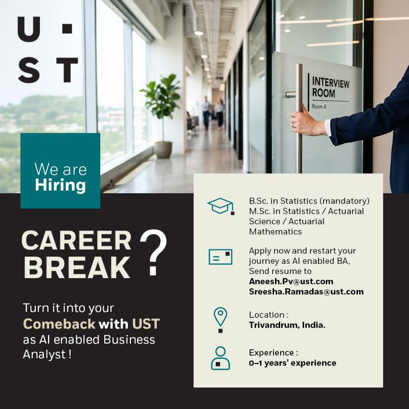 AnithaChelliah's tweet photo. Are you interested in starting a career in the Insurance Domain as a #BusinessAnalyst 
Opportunity for #careerbreak professionals,UST is offering exciting opportunities for freshers looking to embark on their professional journey. #usthiring https://t.co/Lm9OXuJQ8a