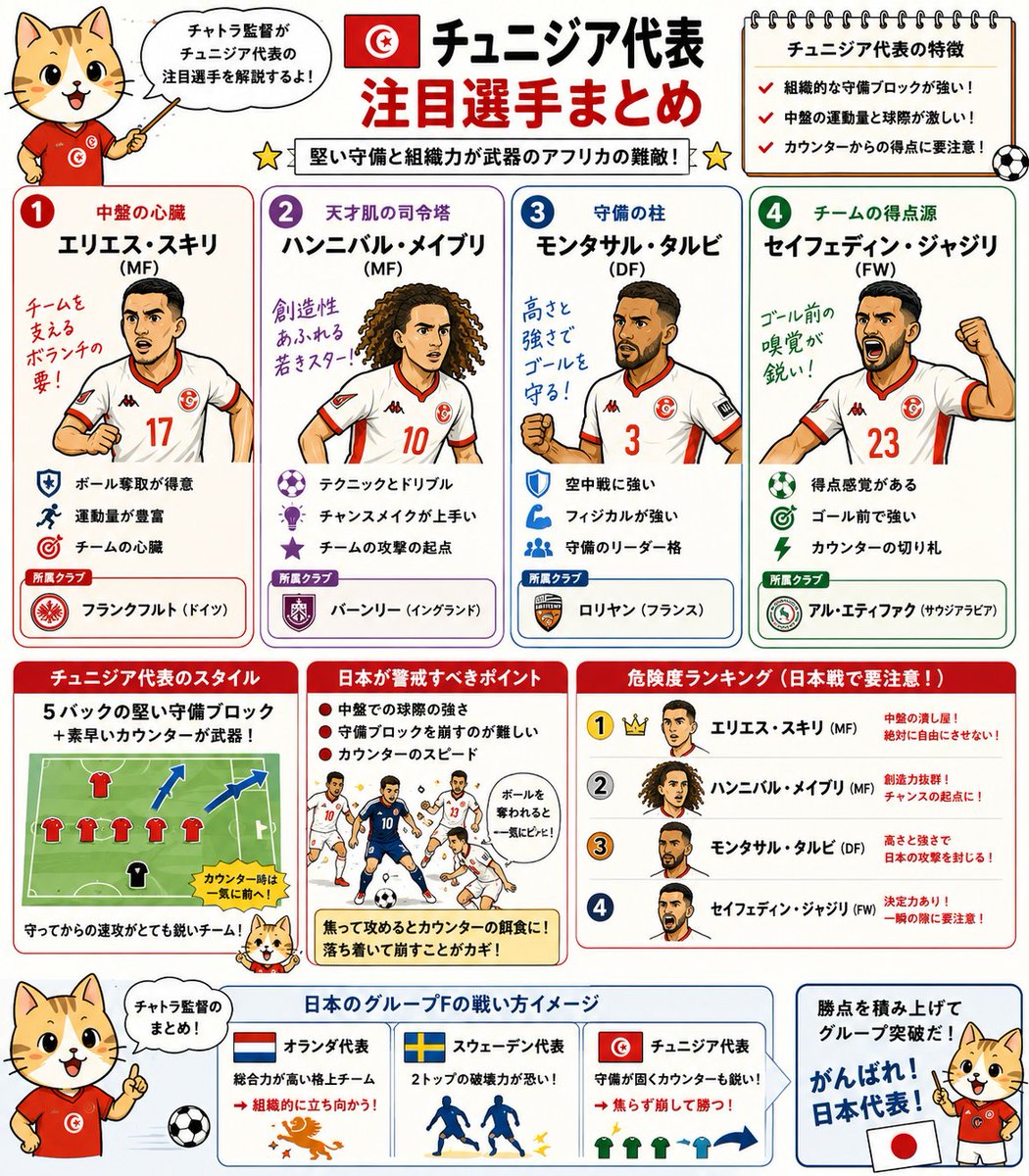 sengokuixaotome's tweet photo. W杯で日本が6/21に対戦するチュニジア代表の注目選手をピックアップ💁

超有名選手はおりませんが侮れません🐈️戦術は守備を固めてカウンター中心か🤔守備で引いて固める戦術には、サイドからの崩しやミドルシュートが有効⚽️何としても勝ち点3が欲しい試合となりますね🕺
#ワールドカップ https://t.co/IiBAsyTAac
