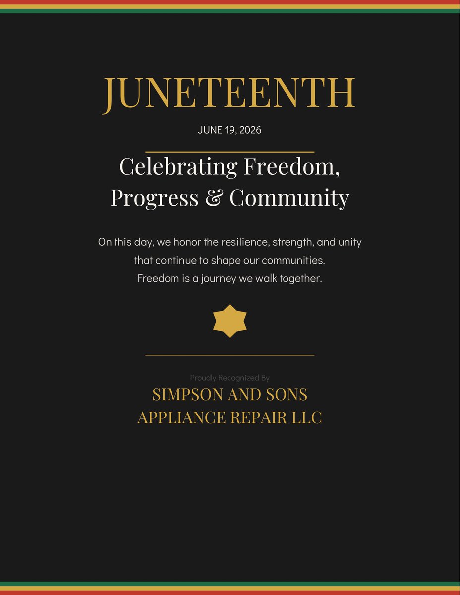 SimpsonsRepair's tweet photo. Honoring Juneteenth — a day that celebrates freedom, resilience, and community.  
Simpson and Sons Appliance Repair proudly recognizes this important day.

#Juneteenth https://t.co/jT5aLOtgnS