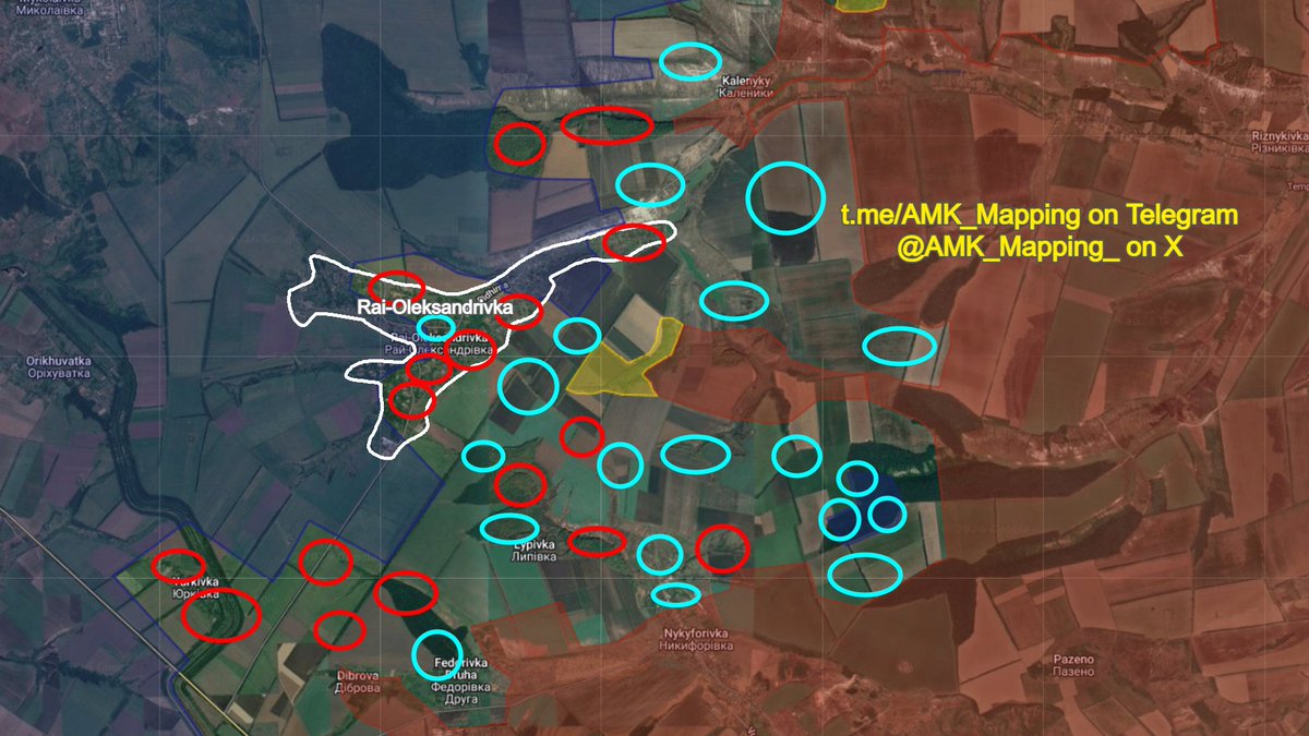 AMK_Mapping_'s tweet photo. Locations where Russian and Ukrainian soldiers have been present in the last week. 

As you can see, Ukraine continues to maintain a presence in numerous positions and strongpoints east of Rai-Oleksandrivka, while Russian forces carry out deep infiltrations to the west.

Prior to this claim by the Russian MOD, the only stable Russian positions close to Rai-Oleksandrivka were in the gullies directly east of the town, and the trenches southwest of Kalenyky.