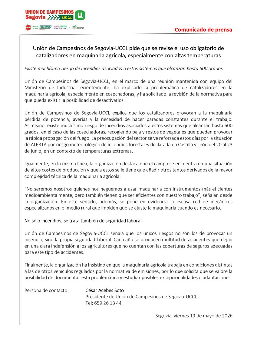 UCSEGOVIA's tweet photo. Unión de Campesinos de Segovia-UCCL pide que se revise el uso obligatorio de catalizadores en maquinaria agrícola, especialmente con altas temperaturas
Existe muchísimo riesgo de incendios asociados a estos sistemas que alcanzan hasta 600 grados
https://t.co/sTMhq92Rhr https://t.co/FKbvaBuAAF