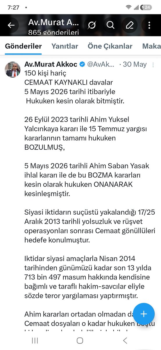 AvAkkoc's tweet photo. "150 kişi hariç 
CEMAAT KAYNAKLI davalar
5 Mayıs 2026 tarihi itibariyle
 Hukuken kesin olarak bitmiştir."

1-Bu tespite itiraz edenlere @AYMBASKANLIGI 'nin 19 Haziran 2026 tarihli Resmi Gazetede yayınlanan Ramazan Çakır ihlal kararının 52 ve 53.maddesini okumasını tavsiye ederim https://t.co/3KLINsosmC