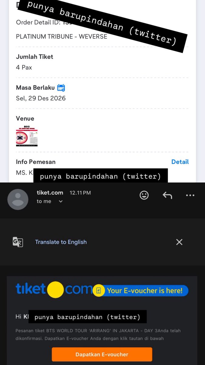 barupindahan's tweet photo. WTS BTS WORLD TOUR ARIRANG JAKARTA (locals &amp; intl.)

🎫 4 tix PLATINUM TRIBUNE
✅ Proof Email dan ID Pemesan sama
✅ COD (Jakarta Area) Public Space (Stasiun/Mall/etc.) DP kecil dulu, lalu COD payment sisanya
✅ Dibantu sampe tiket fisik
✅ Boleh request proof yang masuk akal https://t.co/1Aw13aBiTI