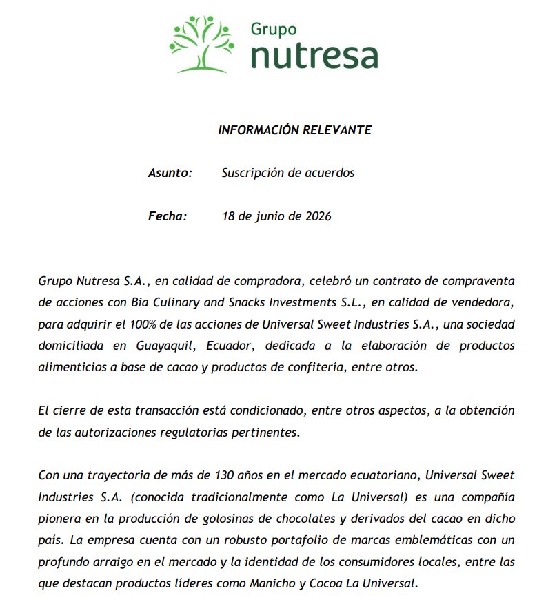 larepublica_co's tweet photo. #Atento | Grupo Nutresa celebró un contrato de compraventa de acciones con Bia Culinary and Snacks Investments para adquirir 100% de la ecuatoriana Universal Sweet Industries, empresa dedicada a la producción de alimentos a base de cacao y productos de confitería https://t.co/oVJIkM0raL