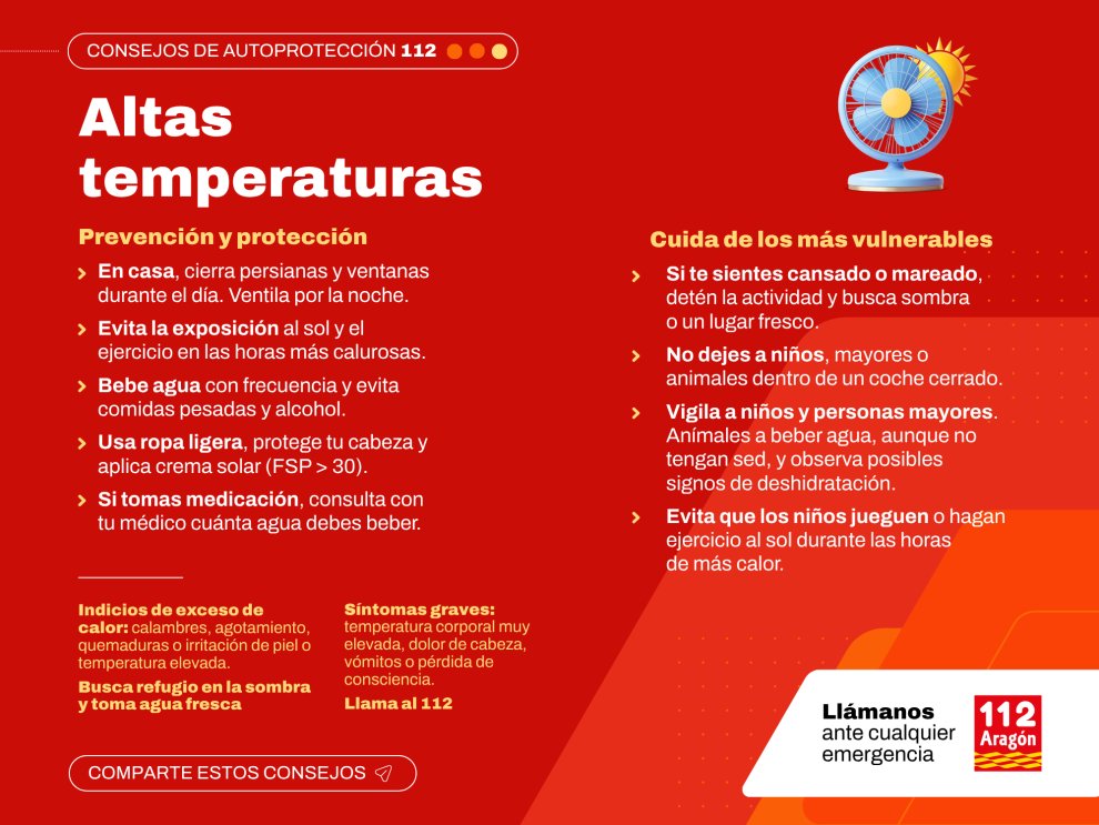 GobAragon's tweet photo. 🌡️El Gobierno de Aragón recuerda las medidas de autoprotección ante la primera ola de calor del verano.

ℹ️ La previsión de la AEMET apunta a un episodio de temperaturas muy altas y persistentes en los próximos días, con valores que podrían alcanzar los 43 grados en el Valle del Ebro.

📎 https://t.co/xWbVhBTCcq