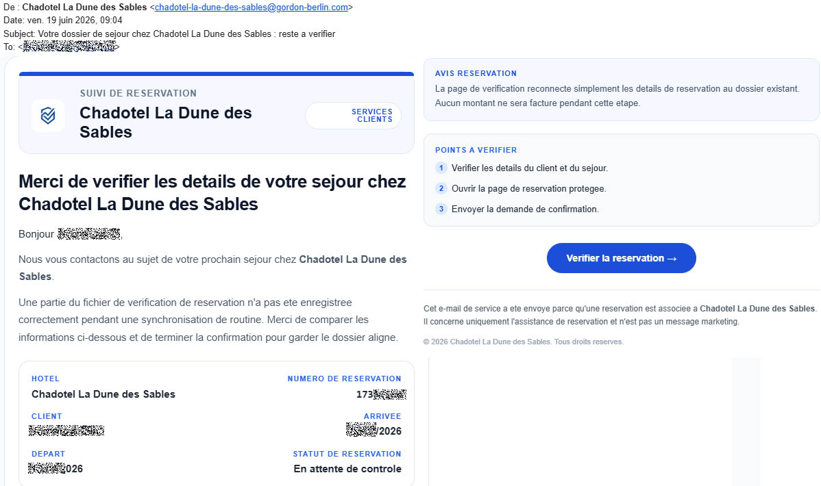 jeromeA57's tweet photo. ⚠️ Alerte Gros Phishing Vacances !
Faux mail ultra-réaliste des campings Chadotel.
Ils ont mon mail, numéro de téléphone, adresse, vraies dates de séjour, numéro de dossier, prix et même nom et dates de naissance des participants ! (donnés à la réservation)

​Soyez vigilants ! https://t.co/j8FbD2w3Ov