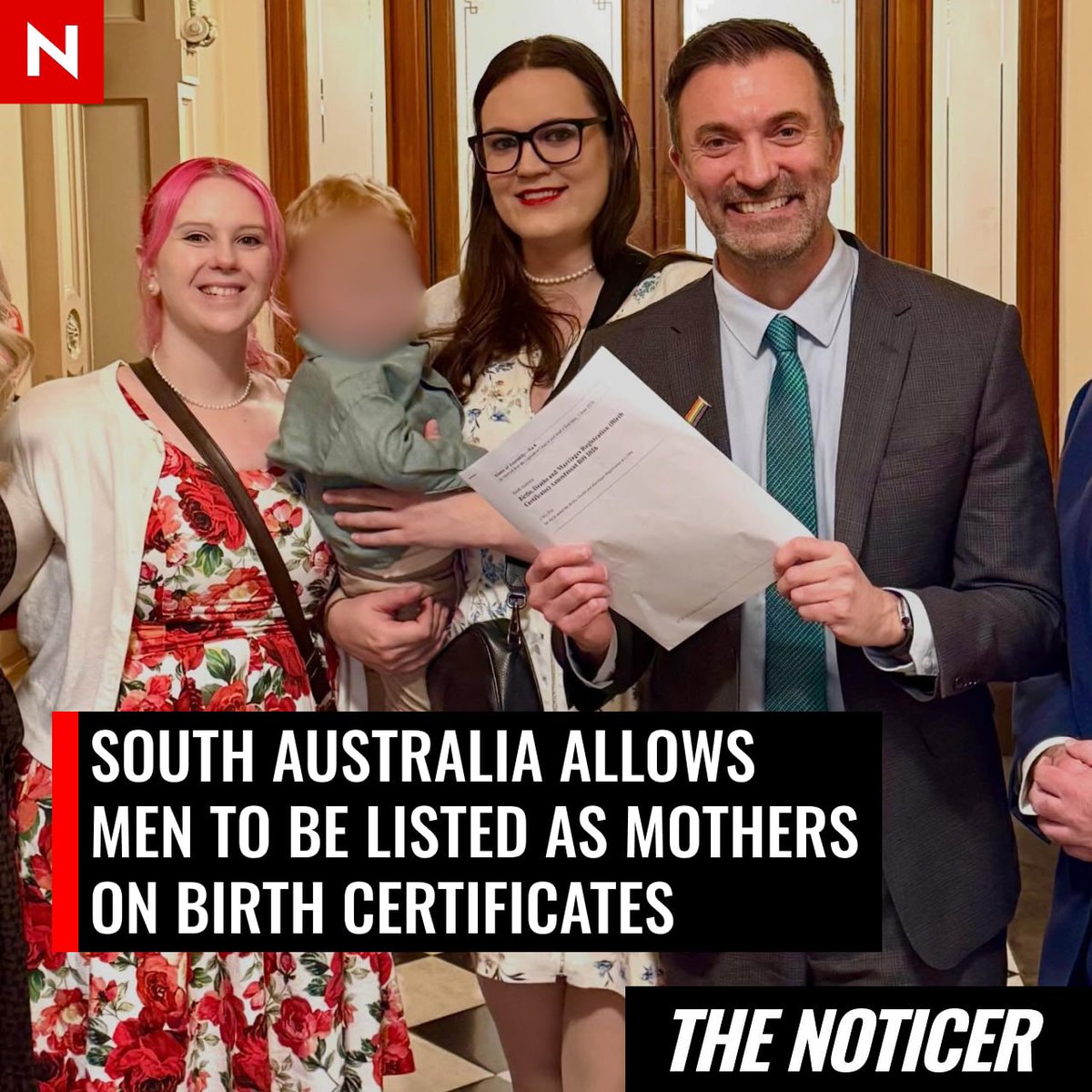 NoticerNews's tweet photo. A controversial new law that allows men to be listed as mothers on birth certificates has passed parliament in South Australia, despite warnings it defies biological reality. https://t.co/4sfFyHqP9q