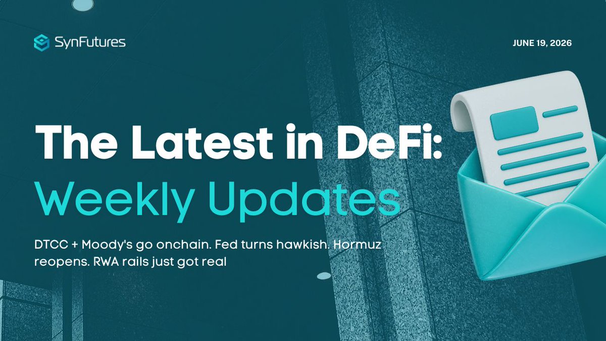 SynFuturesDefi's tweet photo. gFutures 💙

We’ve got jam-packed DeFi updates for you 👇

DTCC tapped Stellar, Moody's went live on Solana, and the Fed turned hawkish at Warsh's first meeting.

Here's the alpha:

• DTCC connects $114T settlement infra to Stellar, XLM rips 15%+
• Moody's credit ratings go live onchain on Solana via Alphaledger
• Kevin Warsh's first FOMC meeting turns hawkish, 9 of 18 officials now pencil in a 2026 hike
• US-Iran deal reopens the Strait of Hormuz, crypto adds $60B in market cap