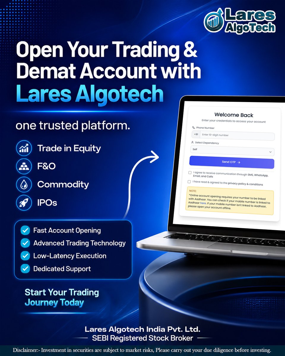 AlgoLares's tweet photo. Open Your Trading & Demat Account with Lares Algotech
Trade in Equity, F&O, Commodity & IPOs from one trusted platform.
Fast Account Opening
Advanced Trading Technology
Low-Latency Execution
Dedicated Support
#LaresAlgotech #LowLatencyBroker #OpenAccount #TradingAccount https://t.co/IUwAMkFE6n