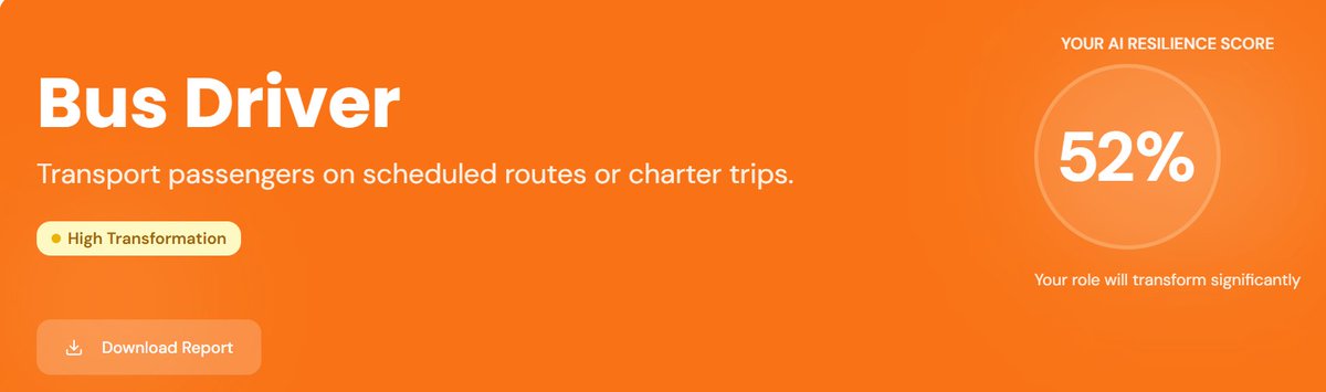 Ryplaced_ai's tweet photo. Will AI Replace Bus Drivers?

https://t.co/cG3k6unmtr

According to https://t.co/PulSERU7Zc 2026 AI Resilience Index, Bus Drivers score 52% AI Resilience, placing them in the “high transformation” zone — meaning moderate risk of automation.

AI will moderately boost Bus Drivers productivity — transforming roles and requiring new AI-related skills rather than replacing human judgment and creativity.

Automation risk: 68% 
Augmentation potential: 66%

Future-proof Bus Drivers will focus on AI collaboration, deepening domain expertise, and delivering the empathy and critical thinking that technology cannot replicate.

What’s your occupation AI Resilience Score?

#AI #FutureOfWork #Automation #Transportation #BusDrivers #Transit #AIJobs #SmartMobility