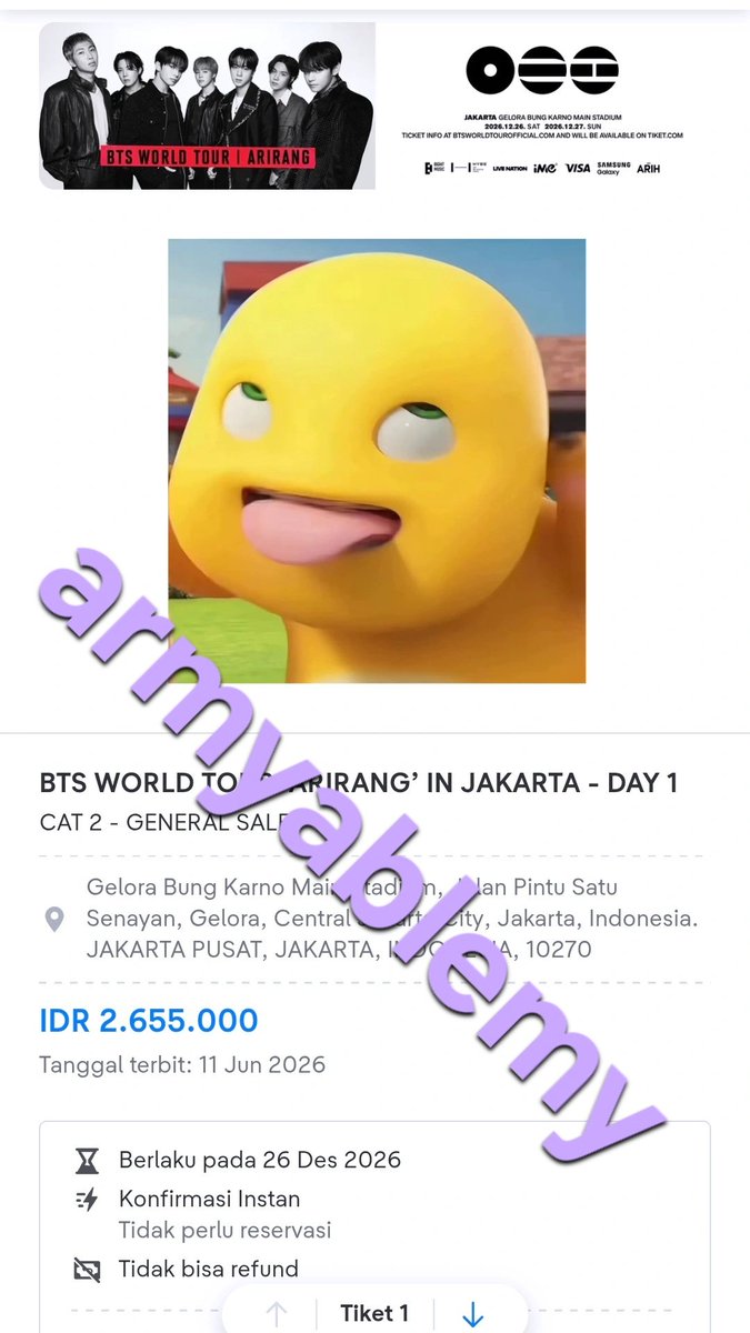 armyablemy's tweet photo. Gaesss kalo besok di gen sale day 3 masih ada yg belum kebagian tix, ini temen ako wts tiket bts nya diaa day 1 cat 2.. 
Tiket atas nama ako karna emang niatnya mo nonton bareng ako
Alasan dijual : karna udh secured platinum di day 3 

Dm aja for price ya
#BTS_ARİRANG https://t.co/2crOaIT6HA